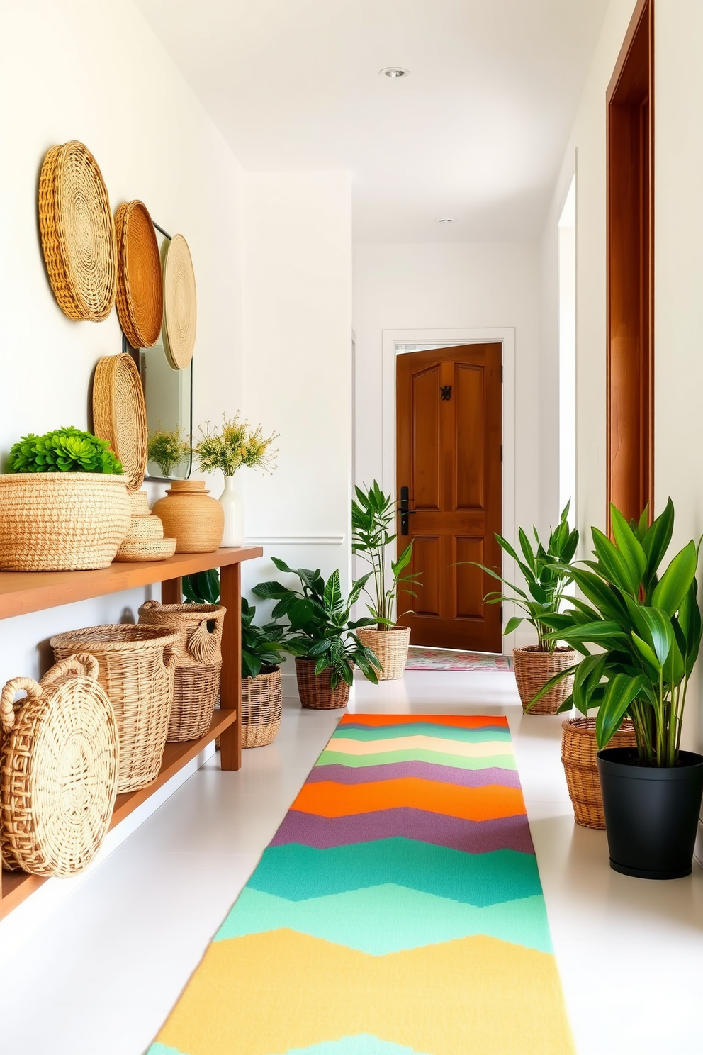 Woven baskets are arranged along a stylish wooden shelf in the hallway, adding texture and warmth to the space. The walls are painted in a light pastel hue, and a large mirror reflects natural light, creating an inviting atmosphere. A vibrant runner rug in cheerful colors leads the way through the hallway, enhancing the seasonal decor. Potted plants are placed strategically to bring a touch of greenery and freshness to the summer-inspired design.