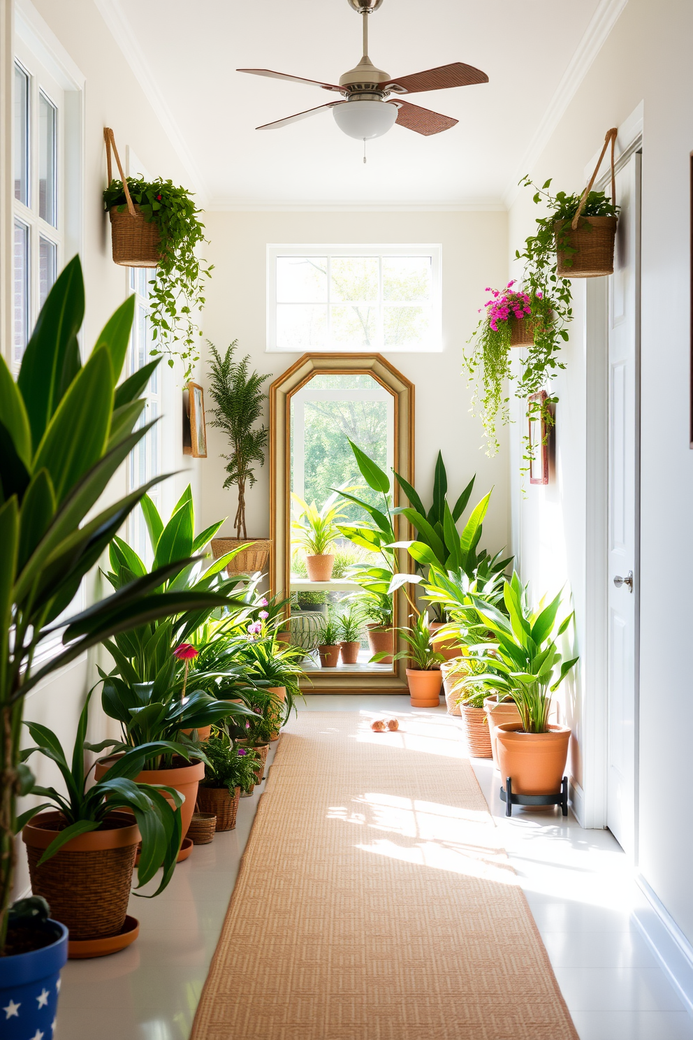 A bright and airy hallway adorned with summer-themed decor. The walls are painted in a soft pastel hue, and a statement mirror is positioned at the end of the hallway to create a sense of depth. Natural light floods the space through large windows, illuminating a collection of vibrant potted plants along the sides. A woven runner rug in light colors adds warmth and texture to the floor, enhancing the inviting atmosphere.