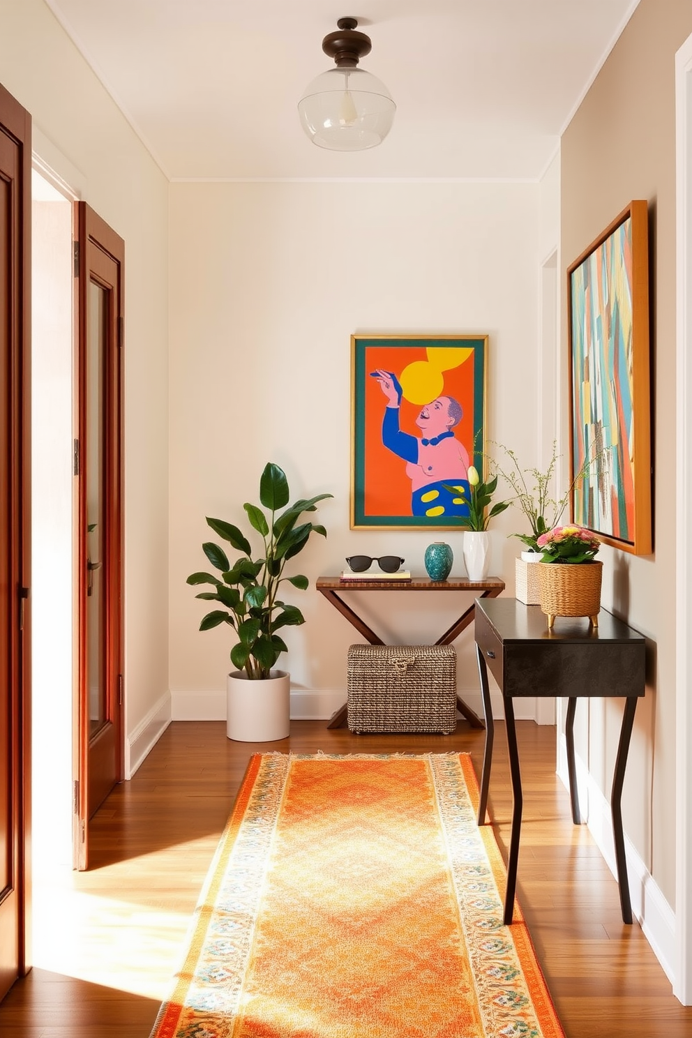 Hang vibrant artwork to infuse the hallway with color and personality. Choose pieces that reflect your style and create a welcoming atmosphere. Incorporate decorative elements like a stylish console table and potted plants. Use a bright runner rug to add warmth and texture to the space.