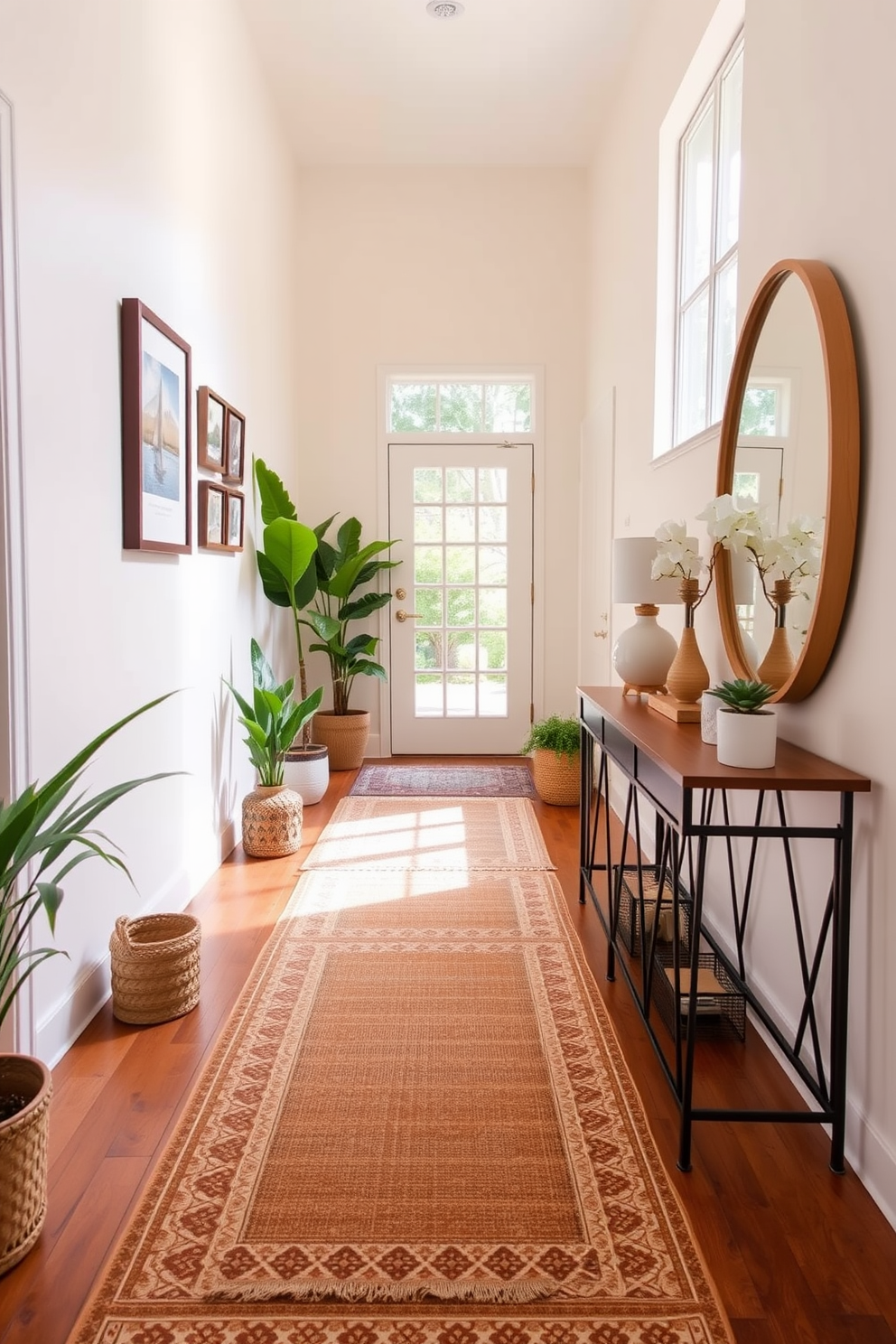 A cozy hallway adorned with layered rugs of varying textures and colors to create warmth and visual interest. The walls are painted in a soft cream hue, and natural light filters in through a large window, illuminating the space. Incorporate potted plants along the sides for a touch of greenery, and hang framed art pieces that reflect summer themes. A stylish console table at the end of the hallway serves as a functional accent, topped with decorative items and a mirror to enhance the sense of space.