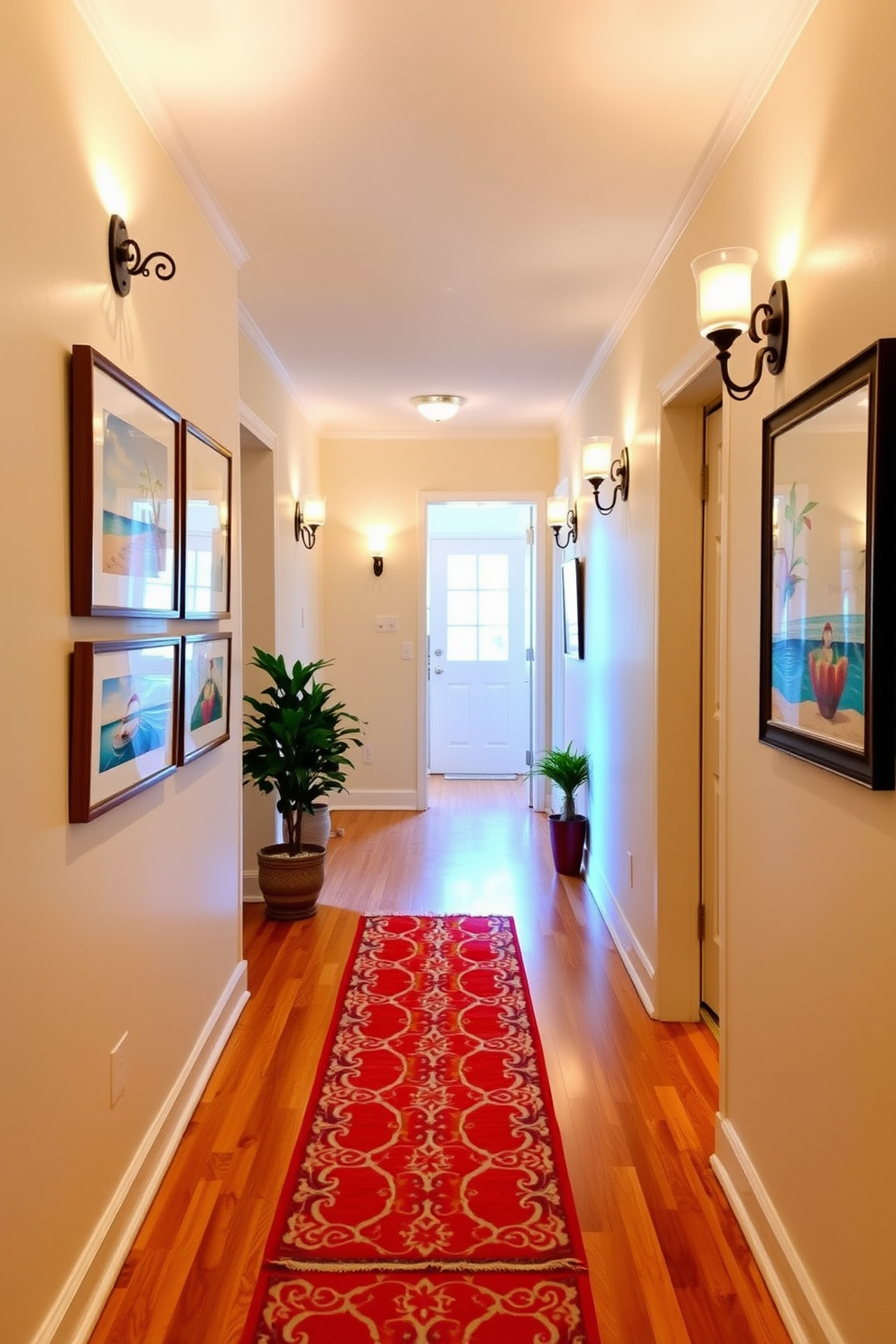 A bright and inviting hallway adorned with decorative wall sconces that provide warm ambient lighting. The walls are painted in a soft pastel hue, and a stylish runner rug adds a pop of color to the hardwood floor. On one side, a series of framed artwork showcases vibrant summer scenes, creating a cheerful atmosphere. Potted plants are placed at intervals along the hallway, bringing a touch of nature indoors.