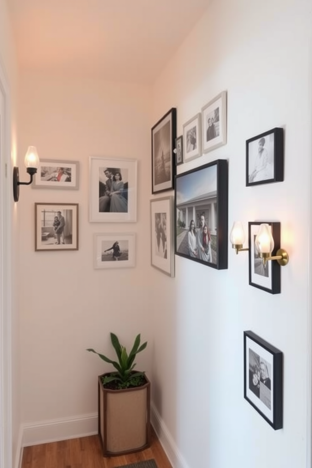 Create a gallery wall featuring a collection of framed photographs in various sizes. The wall is painted in a soft white hue to enhance the visual impact of the artwork. Incorporate decorative elements such as small plants and unique wall sconces to add depth. The hallway is illuminated with warm lighting to create an inviting atmosphere.