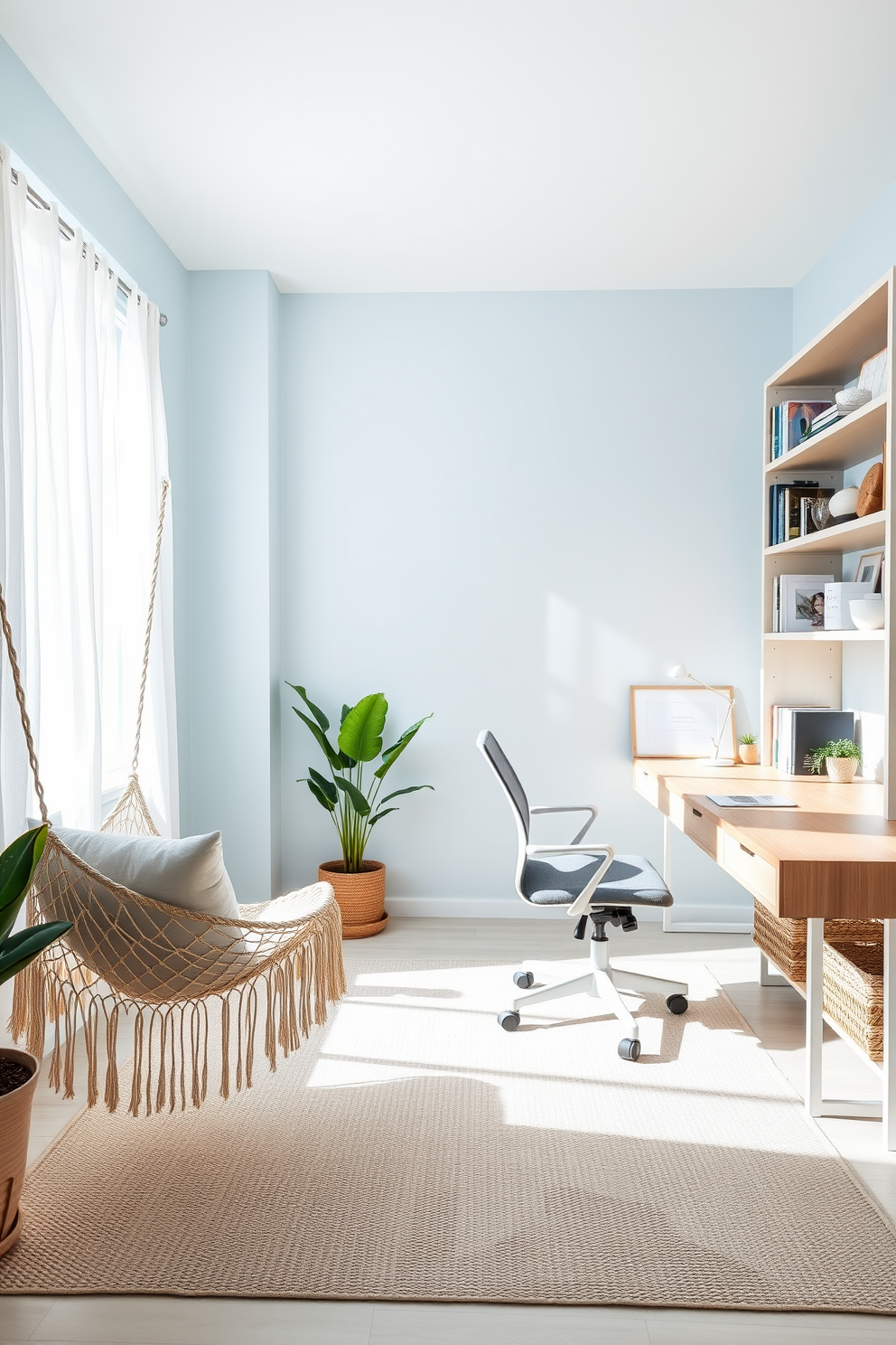 A bright and airy summer home office features a large window that lets in natural light, with sheer white curtains gently swaying in the breeze. A cozy hammock chair is suspended in one corner, inviting relaxation, while a sleek wooden desk sits against the opposite wall, adorned with minimalistic decor and a potted plant. The walls are painted in a soft sky blue, creating a calming atmosphere, and the floor is covered with a light woven rug that adds warmth to the space. A comfortable ergonomic chair complements the desk, and shelves filled with books and personal mementos line the walls, enhancing the inviting feel of the room.