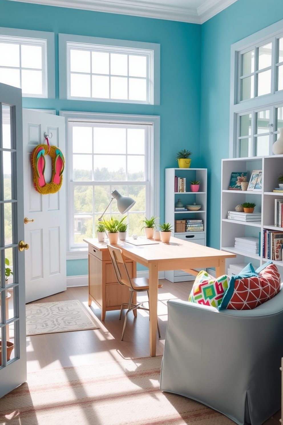 A bright and airy home office with large windows allowing natural light to flood the space. The walls are painted in a soft blue hue, and a light wooden desk sits in the center, adorned with a stylish desk lamp and a few potted plants. On the door, a fun flip flop wreath adds a playful summer touch, welcoming you into the vibrant workspace. A comfortable chair with colorful cushions complements the decor, while shelves filled with books and decorative items line the walls.