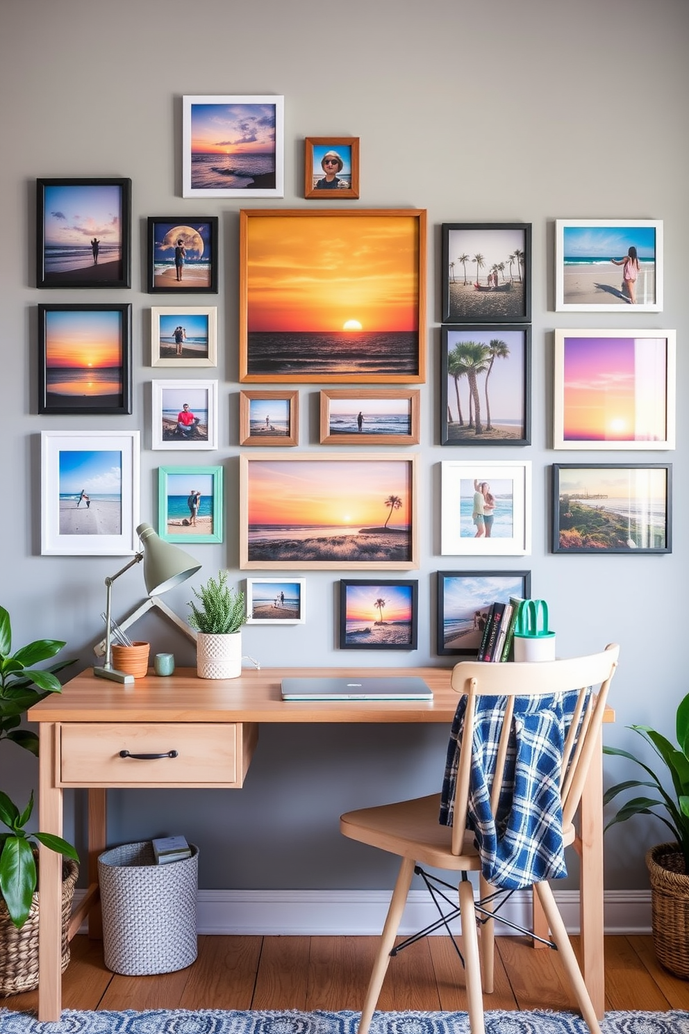 Create a gallery wall showcasing vibrant summer photos. The wall is adorned with an eclectic mix of frames in various sizes, featuring beach scenes, sunsets, and outdoor adventures. Design a cozy summer home office that inspires creativity. Include a light wood desk with a comfortable chair, surrounded by greenery and colorful accents to enhance the workspace.