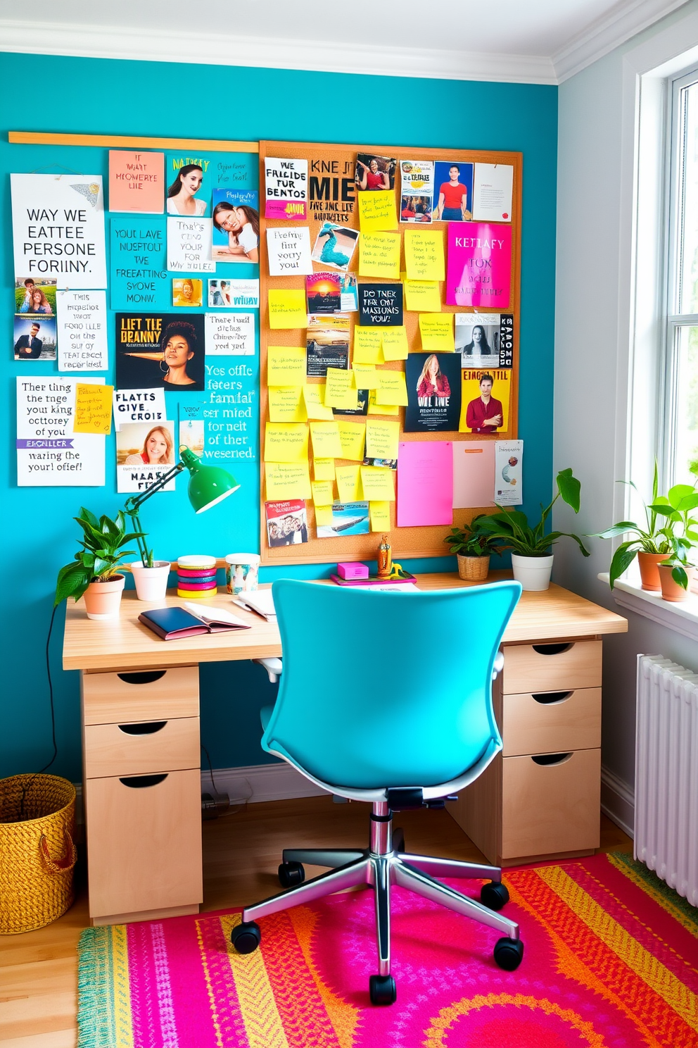 Create a vibrant summer home office space filled with bright colors and lively decor. The focal point is a large bulletin board covered in a mix of inspirational quotes, vibrant images, and colorful post-it notes. Incorporate a sleek desk made of light wood paired with a comfortable ergonomic chair in a bold hue. Add greenery with potted plants on the windowsill and a colorful rug underfoot to enhance the cheerful atmosphere.