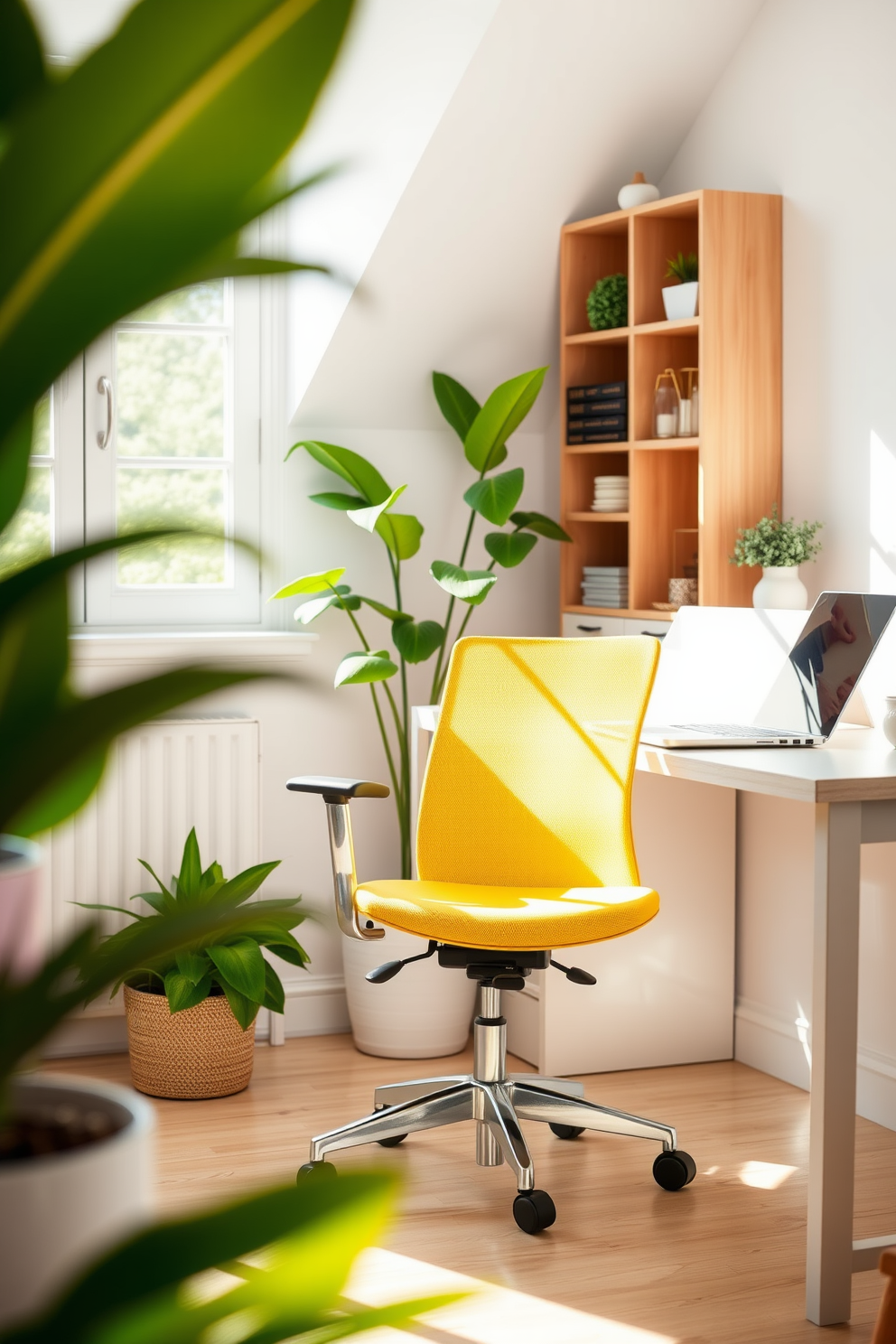 A bright and cheerful office chair is positioned in a sunlit corner of a stylish summer home office. The chair features a vibrant yellow fabric with a contemporary design, adding a pop of color to the serene workspace. Surrounding the chair, a light wooden desk holds a laptop and a few decorative items, creating an inviting atmosphere. The walls are painted in a soft pastel hue, complemented by lush green plants that enhance the cheerful vibe of the room.