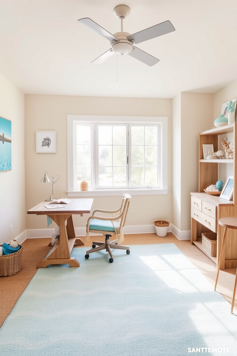 A bright and airy home office inspired by beach themes. The walls are painted a soft sandy beige, and a large window allows natural light to flood the space. A light blue area rug mimics the ocean waves, while a wooden desk with a driftwood finish adds a rustic touch. Nautical elements such as seashells and coral are displayed on shelves, creating a relaxed coastal vibe.