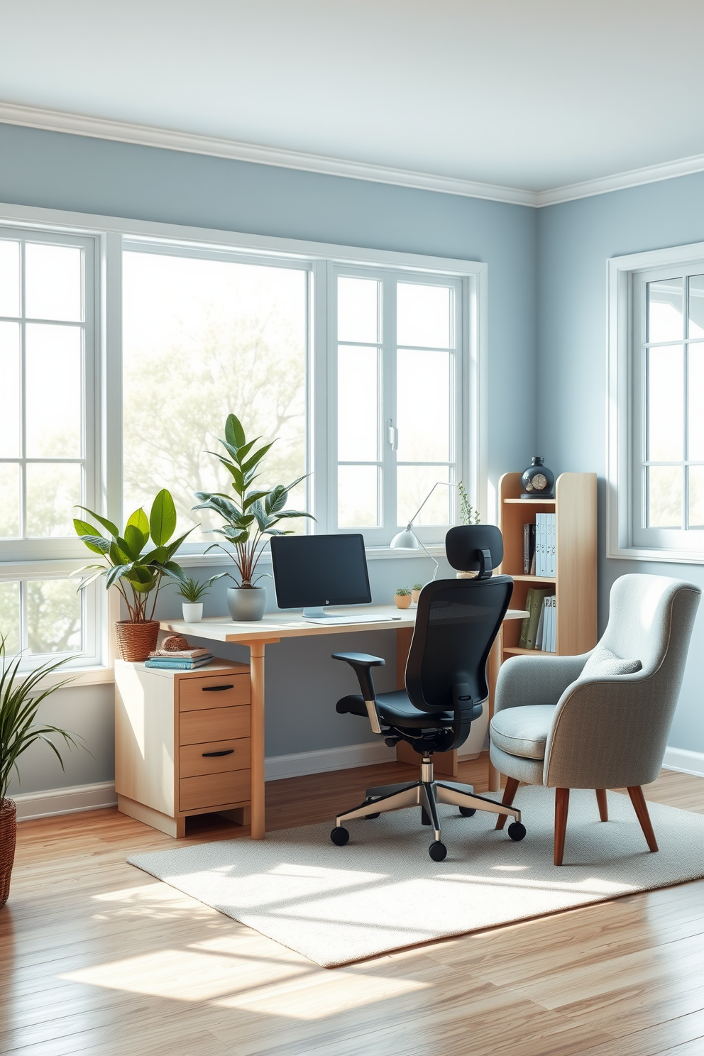 A bright and airy home office with large windows letting in natural light. The walls are painted in a soft blue, and a light wooden desk sits in the center, adorned with a stylish desk lamp and a few potted plants. A comfortable ergonomic chair complements the desk, while a cozy reading nook with a plush armchair and a small bookshelf is positioned in one corner. Ambient lighting softly illuminates the space, creating a warm and inviting atmosphere perfect for productivity.