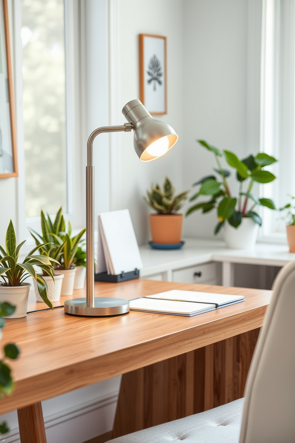 A stylish and functional desk lamp is placed on a sleek wooden desk in a bright and airy home office. The lamp features a modern design with a brushed metal finish and a warm white LED bulb, providing ample light for work while adding a touch of elegance to the space. Surrounding the desk, the office is decorated with soft pastel colors and potted plants that bring a refreshing, summery vibe. A cozy chair complements the desk, creating an inviting atmosphere perfect for productivity and creativity.