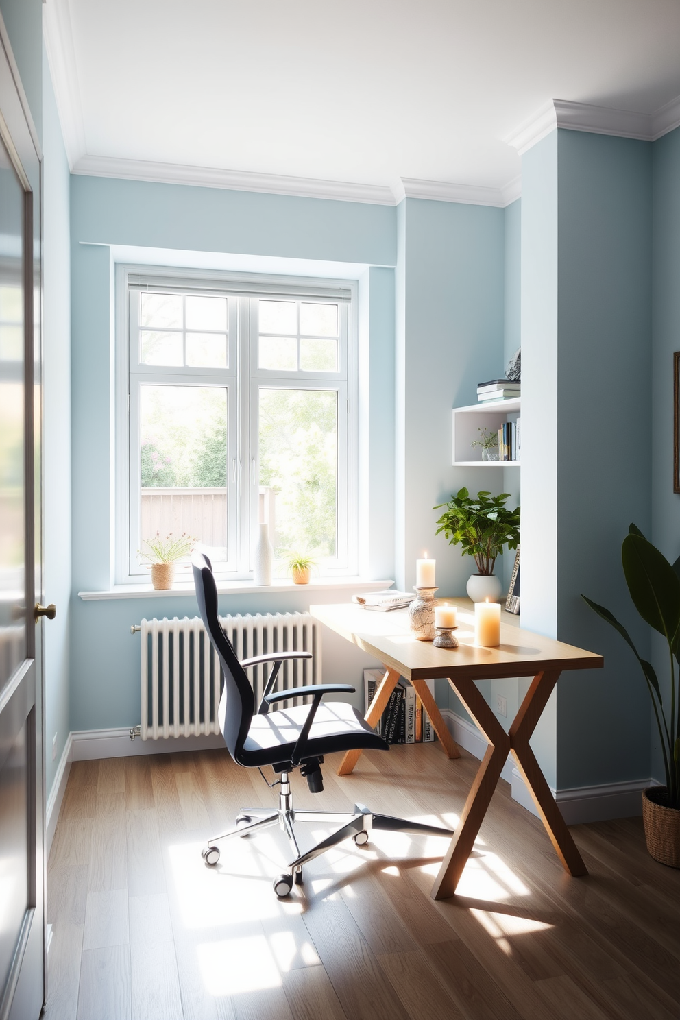 A bright and airy home office space filled with natural light. The walls are painted in a soft blue hue, and a large window offers a view of the garden outside. A sleek wooden desk with a minimalist design sits in the center, accompanied by a comfortable ergonomic chair. Decorative candles in various sizes are placed on the desk, adding a refreshing scent and a touch of warmth to the atmosphere.