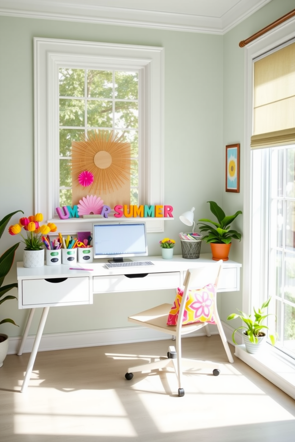 A bright and airy home office space designed for summer productivity. The room features a large window that lets in natural light, with a white desk positioned to face the view, adorned with colorful DIY summer craft projects displayed in organized containers. The walls are painted in a soft pastel color, creating a refreshing atmosphere. A comfortable chair with a vibrant cushion sits at the desk, while potted plants add a touch of greenery, enhancing the overall summer vibe.