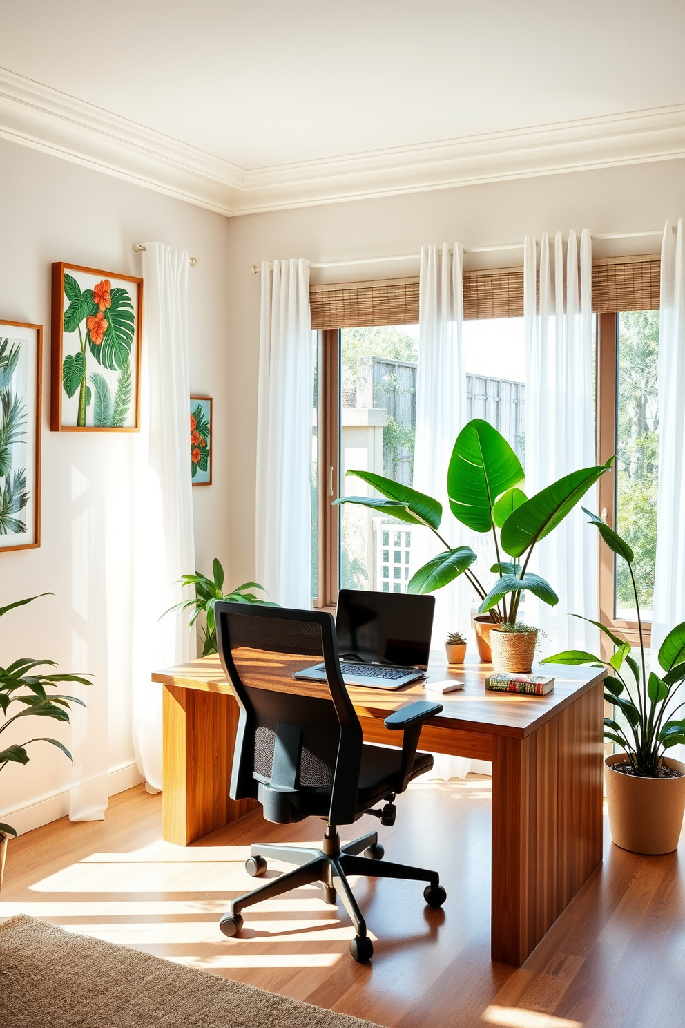 A bright and airy home office space featuring a large wooden desk with a sleek design. The walls are adorned with tropical-themed artwork and vibrant prints that bring a sense of summer indoors. Natural light floods the room through large windows, complemented by sheer white curtains. A comfortable ergonomic chair sits at the desk, surrounded by potted plants that enhance the tropical ambiance.