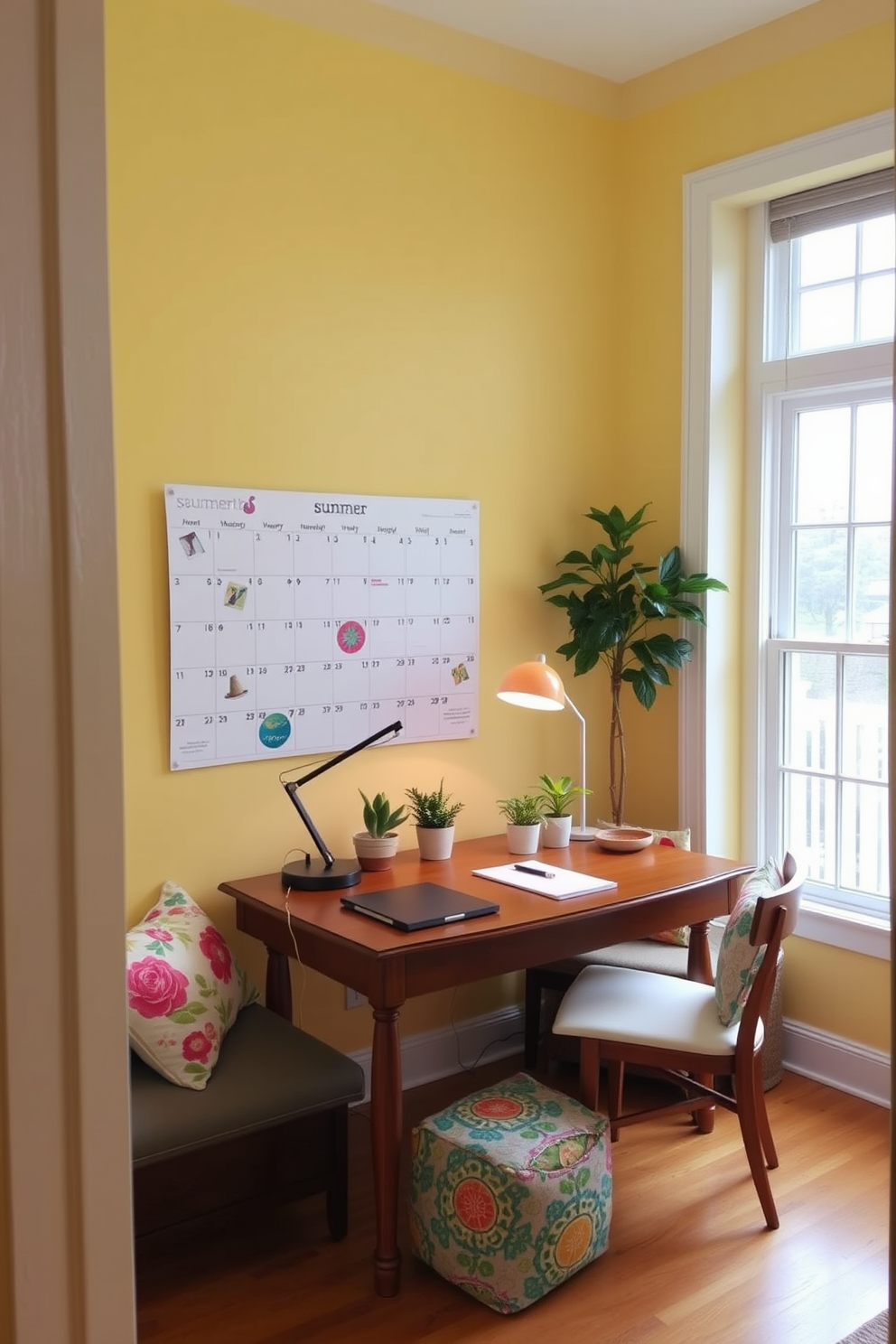 A bright and cheerful home office filled with natural light. The walls are painted in a soft yellow hue, and a large calendar with colorful designs hangs prominently to keep track of summer activities. A stylish wooden desk sits in the center, adorned with a vibrant desk lamp and potted plants. Comfortable seating with colorful cushions invites creativity and productivity in this inviting workspace.