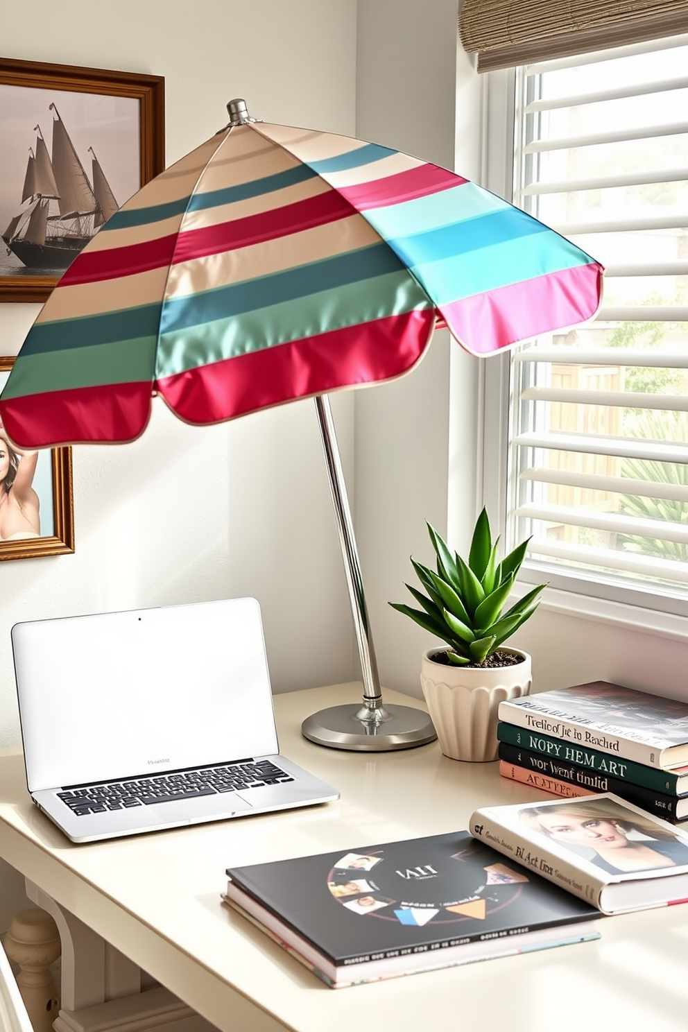 A cozy summer home office setting features a vintage beach umbrella positioned in the corner, providing a splash of color and a relaxed vibe. The desk is adorned with a stylish laptop, a potted succulent, and a stack of art books, creating an inviting workspace that inspires creativity.