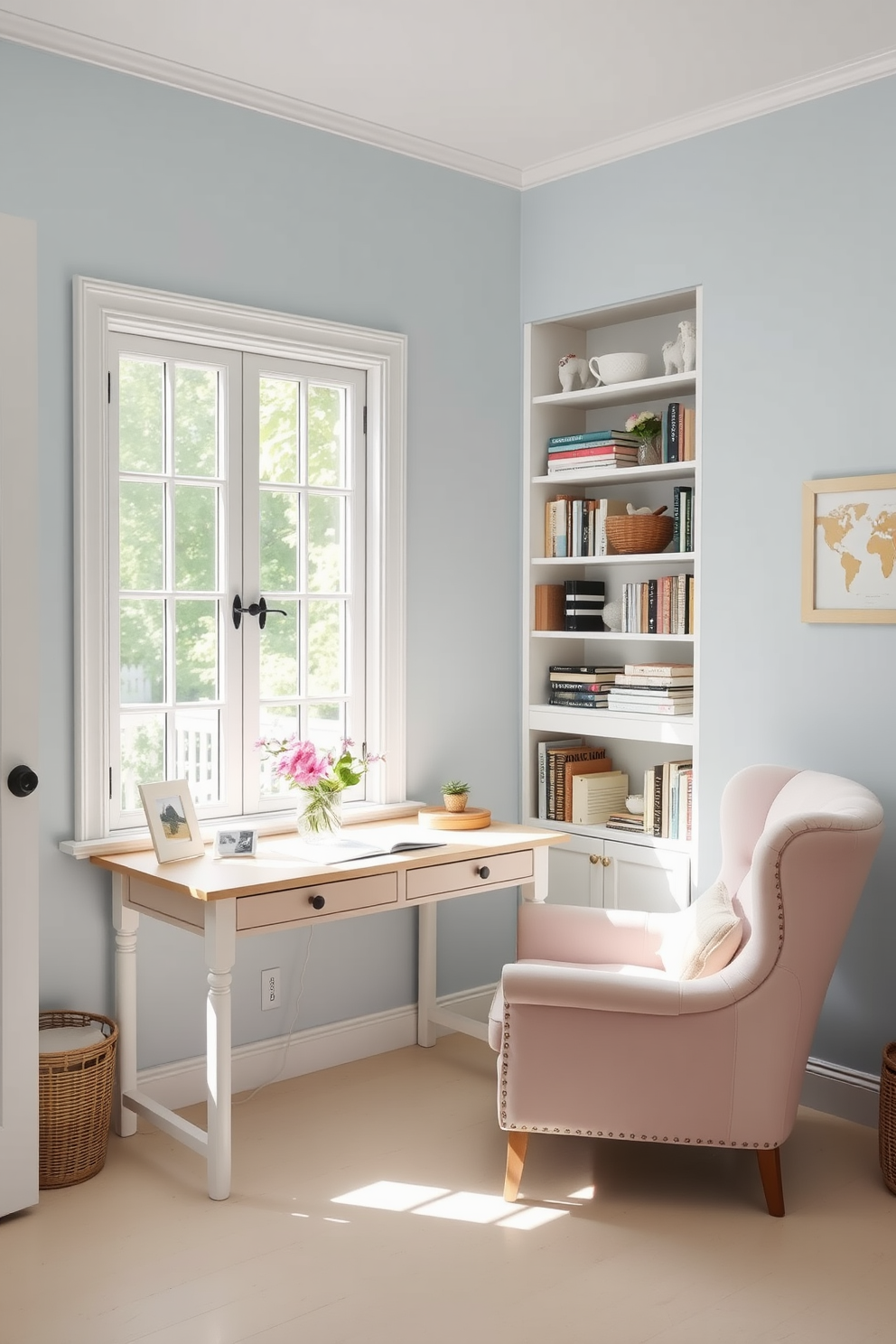 A serene summer home office filled with natural light. The walls are painted in a soft pastel blue, and a light wood desk sits against the window, adorned with a delicate vase of fresh flowers. A cozy armchair in pastel pink complements the desk, creating a comfortable reading nook. Shelves filled with books and decorative items line the walls, adding personality to the space.