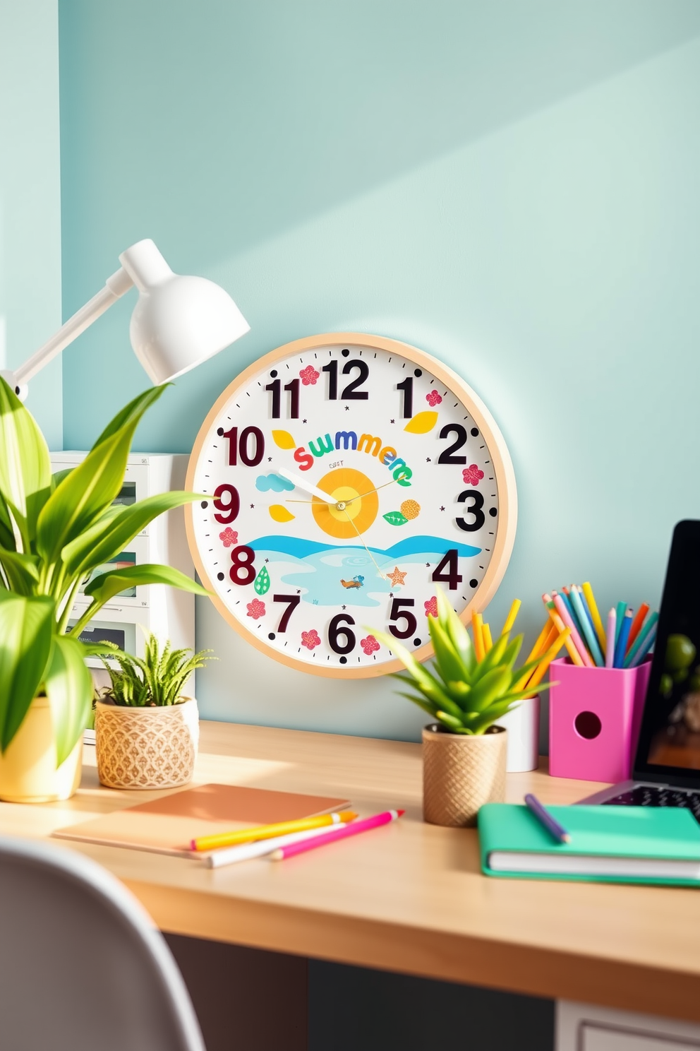 A bright and airy home office space features a fun summer-themed clock with vibrant colors and playful designs. The desk is adorned with tropical plants and colorful stationery, creating an inviting atmosphere that inspires creativity.