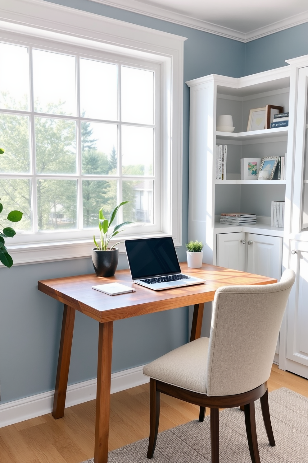 A serene summer home office setting. There is a sleek wooden desk positioned by a large window, allowing natural light to flood the space. On the desk, a stylish laptop is accompanied by a potted plant and a set of elegant stationery. A mini fountain is placed in the corner, creating a calming ambiance with the gentle sound of flowing water. The walls are painted in a soft blue hue, complemented by white shelving that displays books and decorative items. A comfortable chair with a light fabric sits invitingly at the desk, enhancing the overall tranquility of the room.