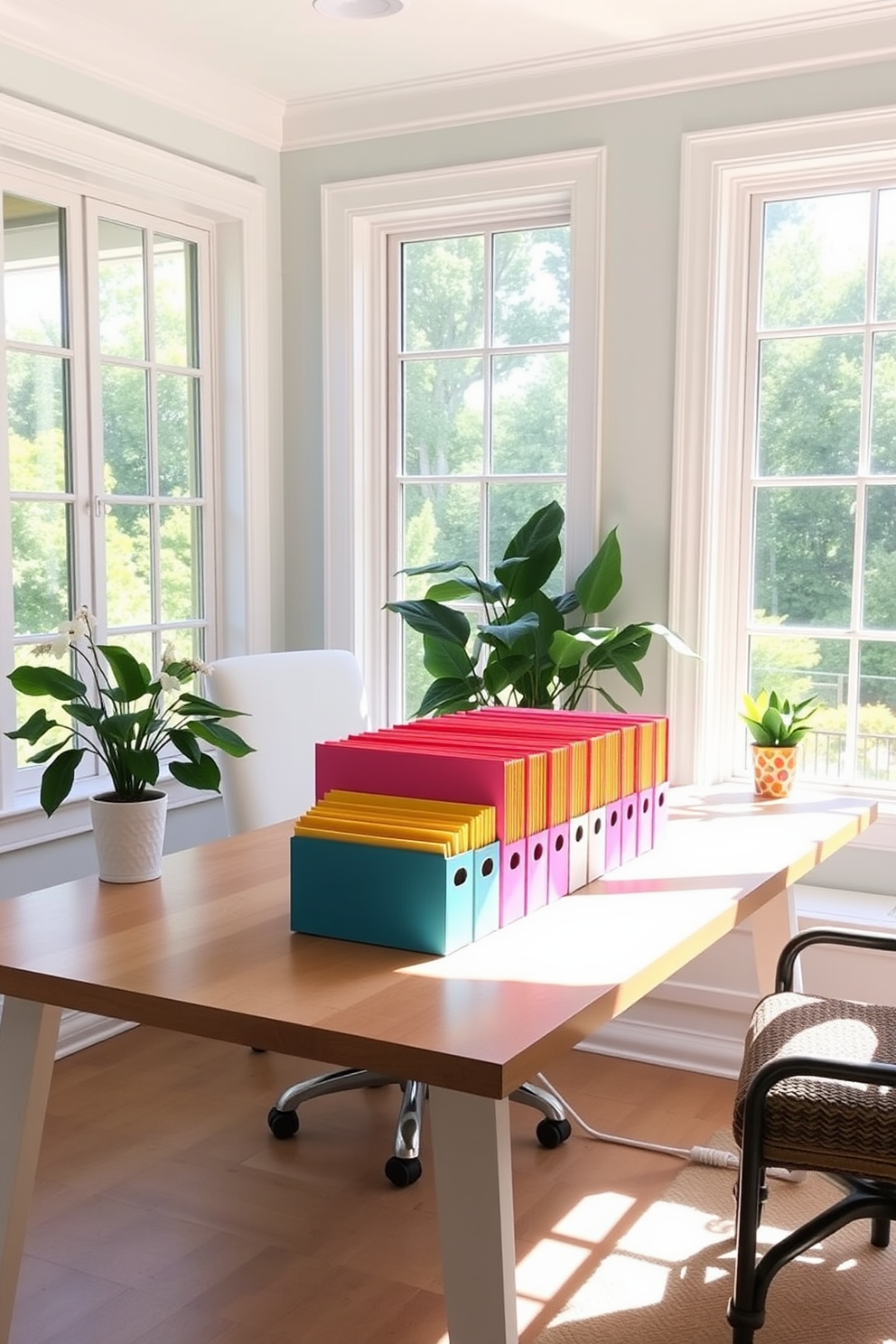 A bright and inviting summer home office features colorful file organizers neatly arranged on a sleek wooden desk. The walls are painted in a soft pastel hue, and large windows allow natural light to flood the space, enhancing the cheerful atmosphere.