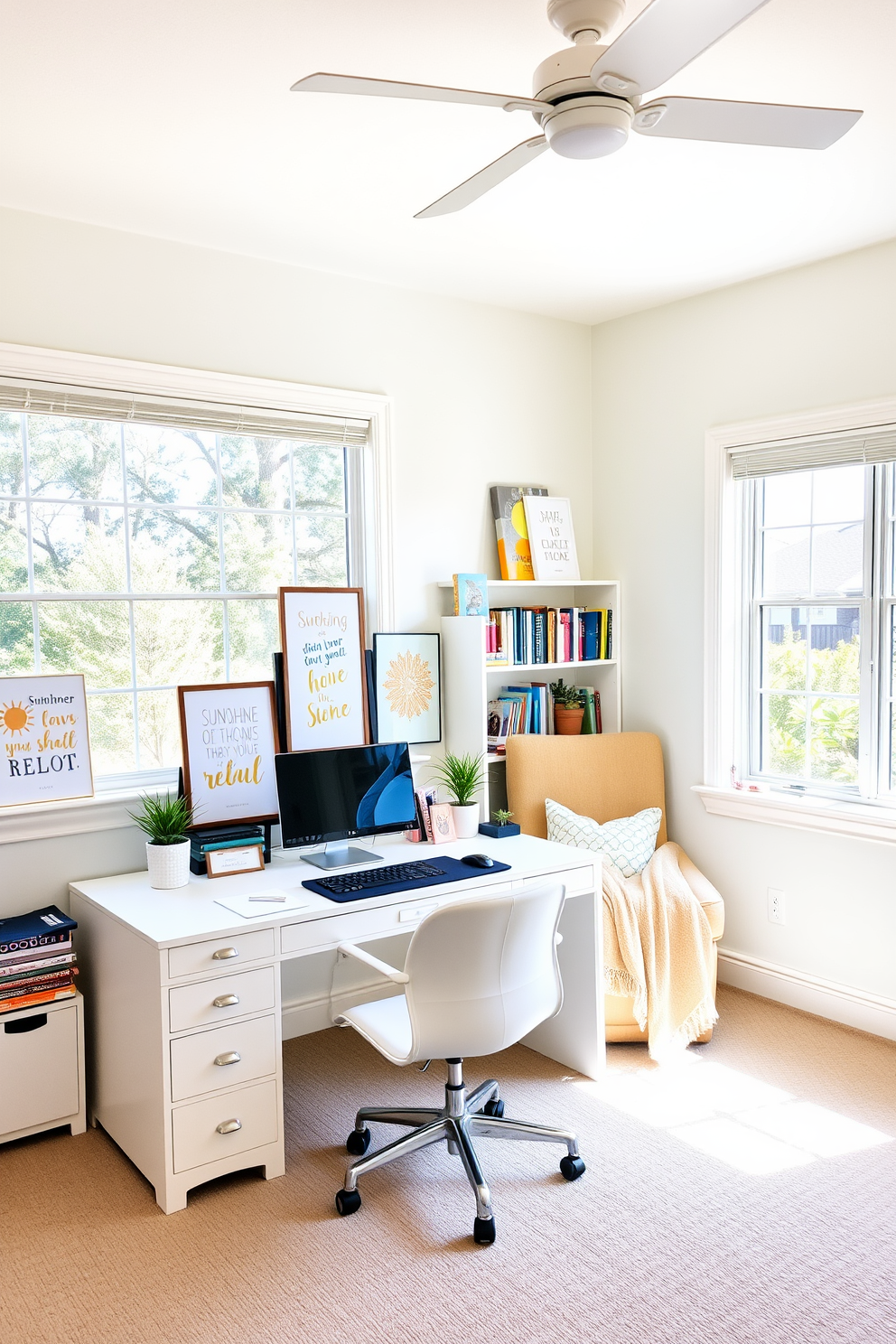 A bright and cheerful home office with a large window allowing natural light to flood the space. The walls are painted in a soft pastel color, and a stylish desk is adorned with summer-themed decor featuring fun quotes about sunshine and relaxation. A cozy reading nook is created in one corner with a comfortable chair draped in a lightweight throw. Shelves filled with colorful books and summer-inspired artwork add a playful touch to the room, making it an inviting space for productivity and creativity.