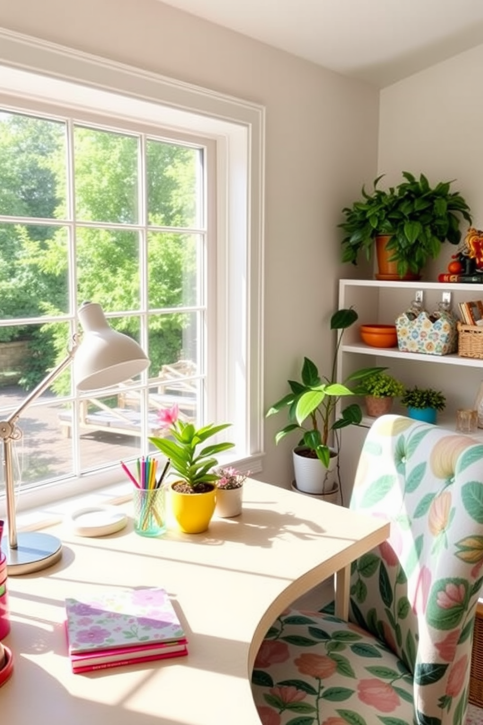 A bright and airy summer home office features a large window that lets in ample natural light. The desk is adorned with colorful desk accessories, including a vibrant pen holder, a floral notepad, and a cheerful desk lamp. The walls are painted in a soft pastel hue, creating a calming atmosphere. A comfortable chair with a fun print complements the decor, while potted plants add a touch of greenery and life to the space.