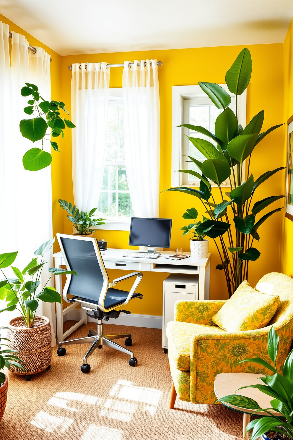 A bright accent wall in a cheerful yellow sets the tone for a vibrant summer home office. The workspace features a sleek white desk paired with a comfortable ergonomic chair, surrounded by lush green plants for a refreshing touch. Natural light floods the room through large windows adorned with sheer curtains, creating an airy atmosphere. A cozy reading nook with a colorful armchair and a small side table adds a perfect spot for relaxation during breaks.