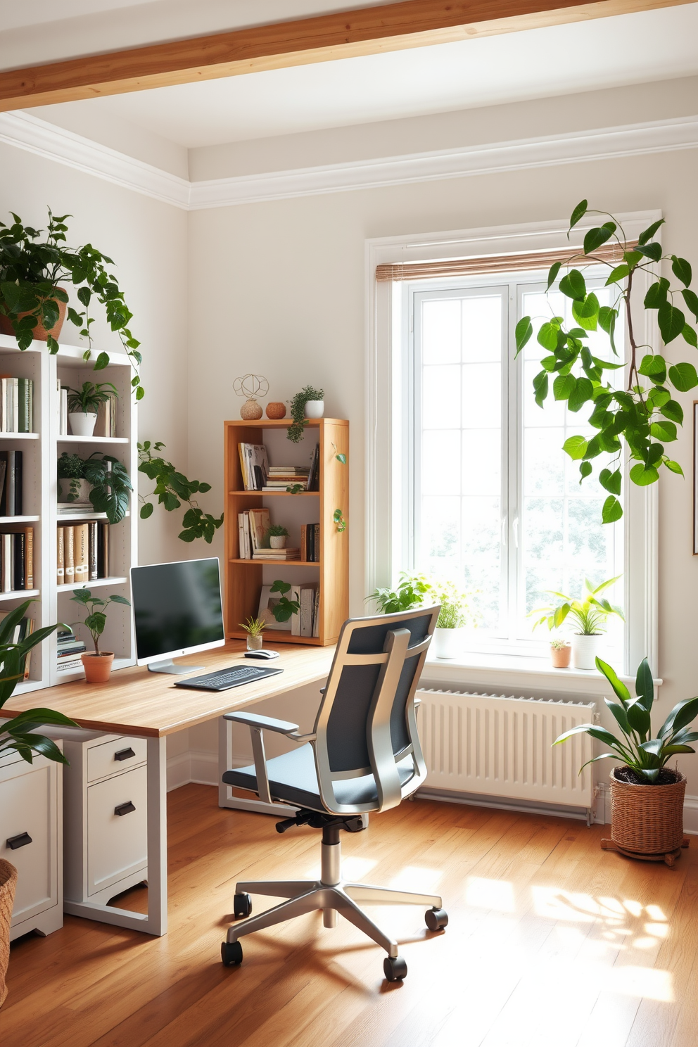 A bright and airy summer home office filled with natural light. The space features a large wooden desk facing a window, surrounded by potted plants that bring fresh air and a touch of greenery. The walls are painted in a soft pastel color, creating a calming atmosphere. A comfortable ergonomic chair complements the desk, while a stylish bookshelf filled with books and decorative items adds character to the room.