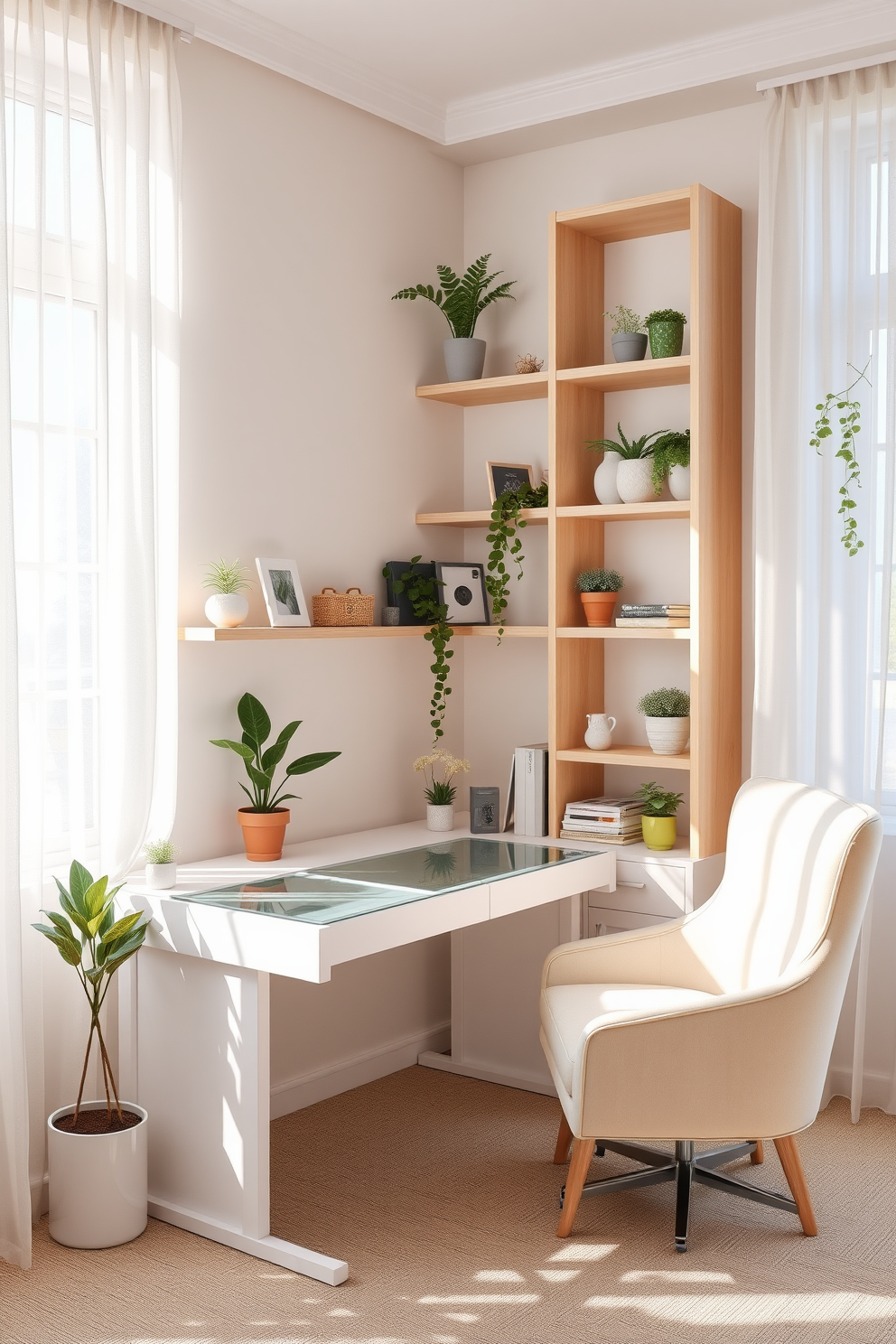 A light and airy desk design features a sleek white desk with clean lines and a glass top. Surrounding the desk are light wood shelves filled with plants and decorative items, creating a fresh and inviting atmosphere. Natural light floods the space through large windows adorned with sheer curtains. A cozy armchair in a soft pastel color sits in the corner, complemented by a small side table for added functionality.