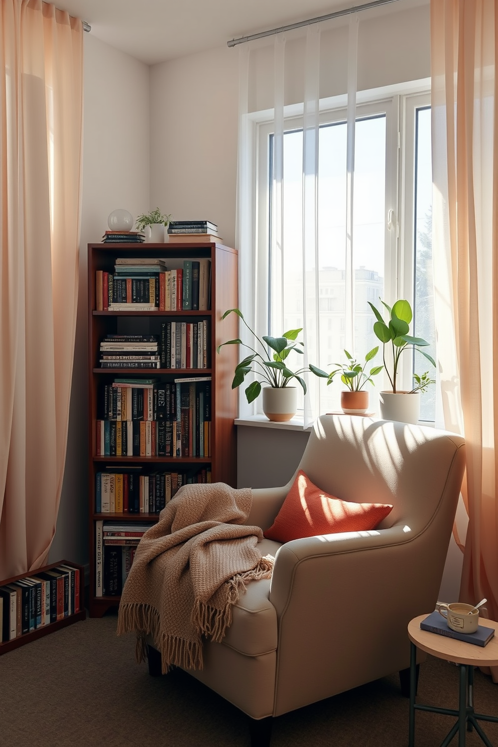 A cozy reading nook corner features a plush armchair upholstered in soft, light fabric, positioned next to a tall bookshelf filled with colorful novels. A small side table holds a steaming cup of tea, and a warm throw blanket drapes over the armrest, inviting relaxation. The nook is bathed in natural light from a large window adorned with sheer curtains, allowing the sun to filter through gently. Potted plants are placed on the windowsill, adding a touch of greenery and a fresh feel to the space.