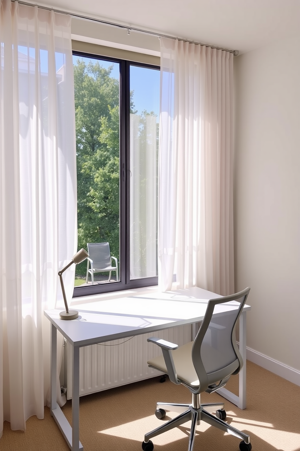 A bright and airy home office featuring sheer curtains that allow natural light to flood the space. The walls are painted in a soft pastel hue, complemented by a sleek white desk and a comfortable ergonomic chair.