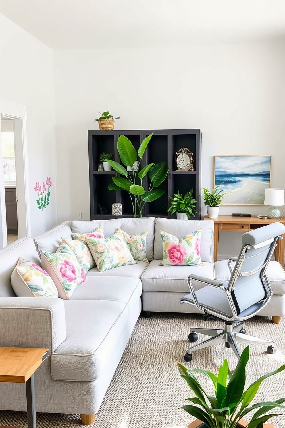 Display summer-themed decorative pillows in a bright and airy living room. The pillows feature vibrant floral patterns and soft pastel colors, arranged artfully on a light gray sectional sofa. Summer home office decorating ideas include a sleek desk with a natural wood finish and a comfortable ergonomic chair. Add touches of greenery with potted plants and incorporate cheerful artwork that evokes a sense of relaxation and inspiration.