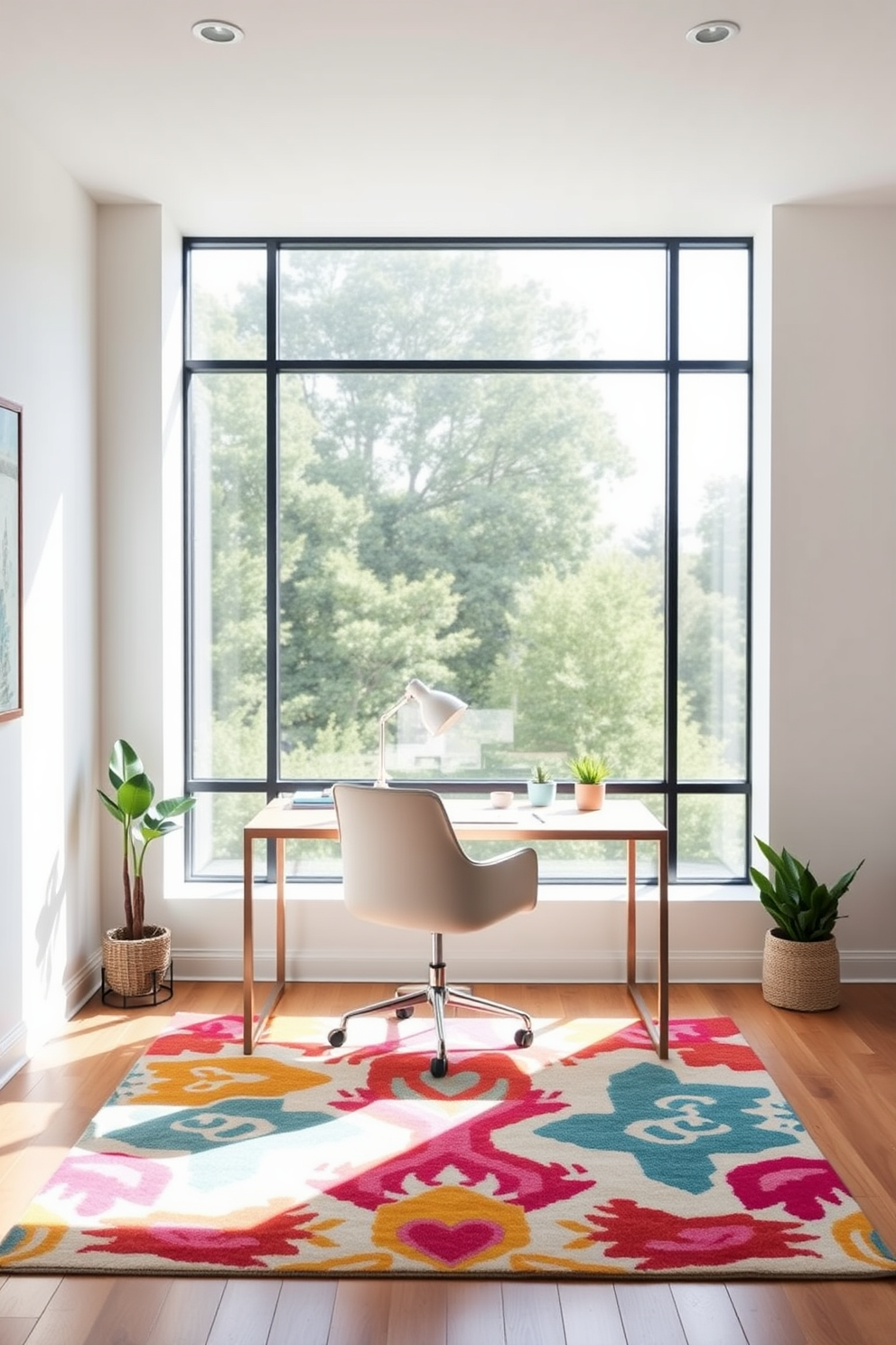 A bright and inviting home office features a large window that allows natural light to flood the space. The walls are painted in a soft pastel color, and a vibrant area rug adds warmth and texture to the wooden floor. A sleek desk sits in front of the window, adorned with a stylish lamp and a few potted plants. Comfortable seating is provided by a modern chair that complements the overall design aesthetic.