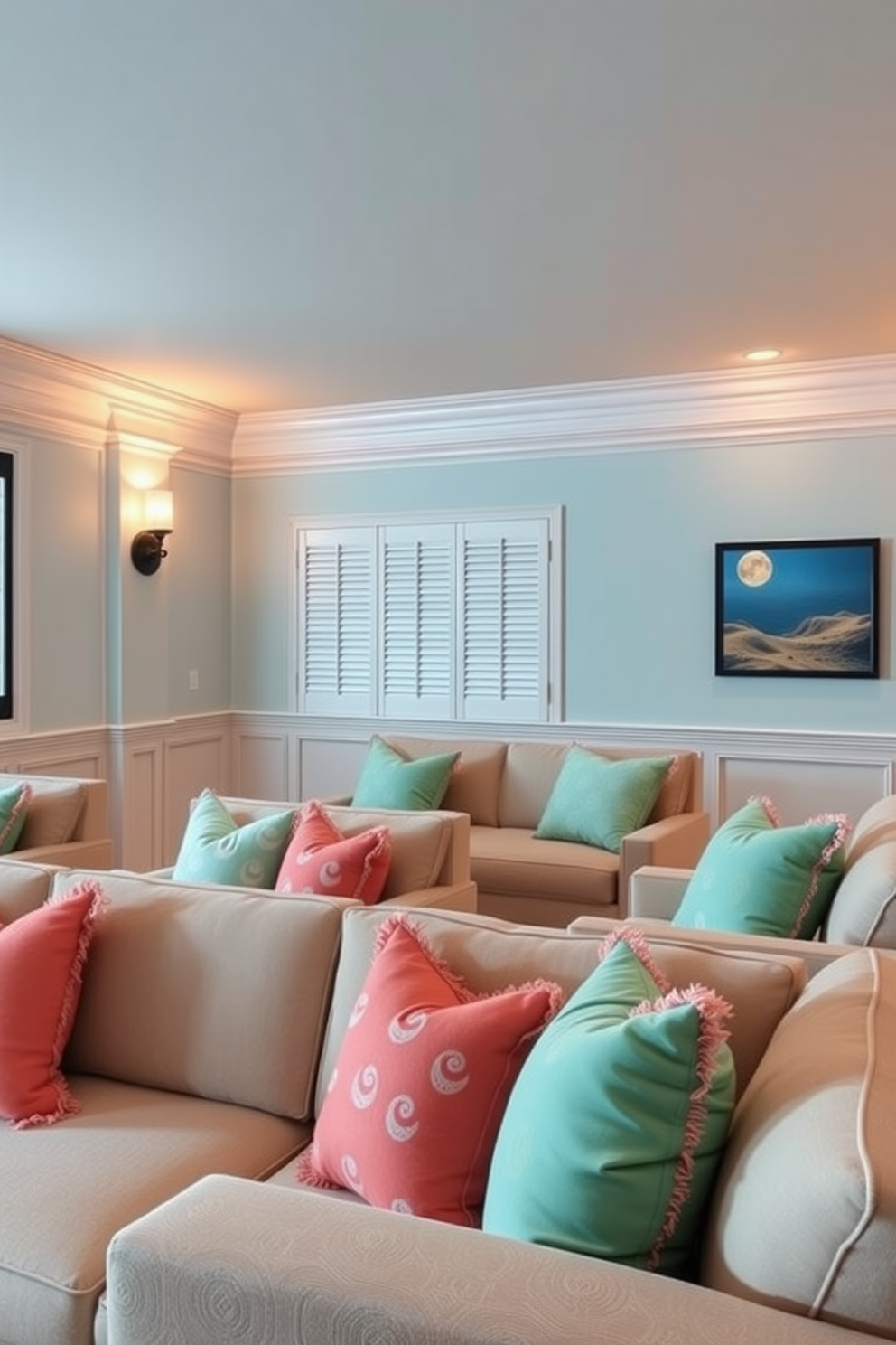 A cozy summer home theater with a coastal color palette. The walls are painted in soft shades of light blue and sandy beige, creating a serene atmosphere. Plush seating is arranged for optimal viewing, adorned with throw pillows in seafoam green and coral. Ambient lighting fixtures mimic the gentle glow of sunset, enhancing the relaxed coastal vibe.