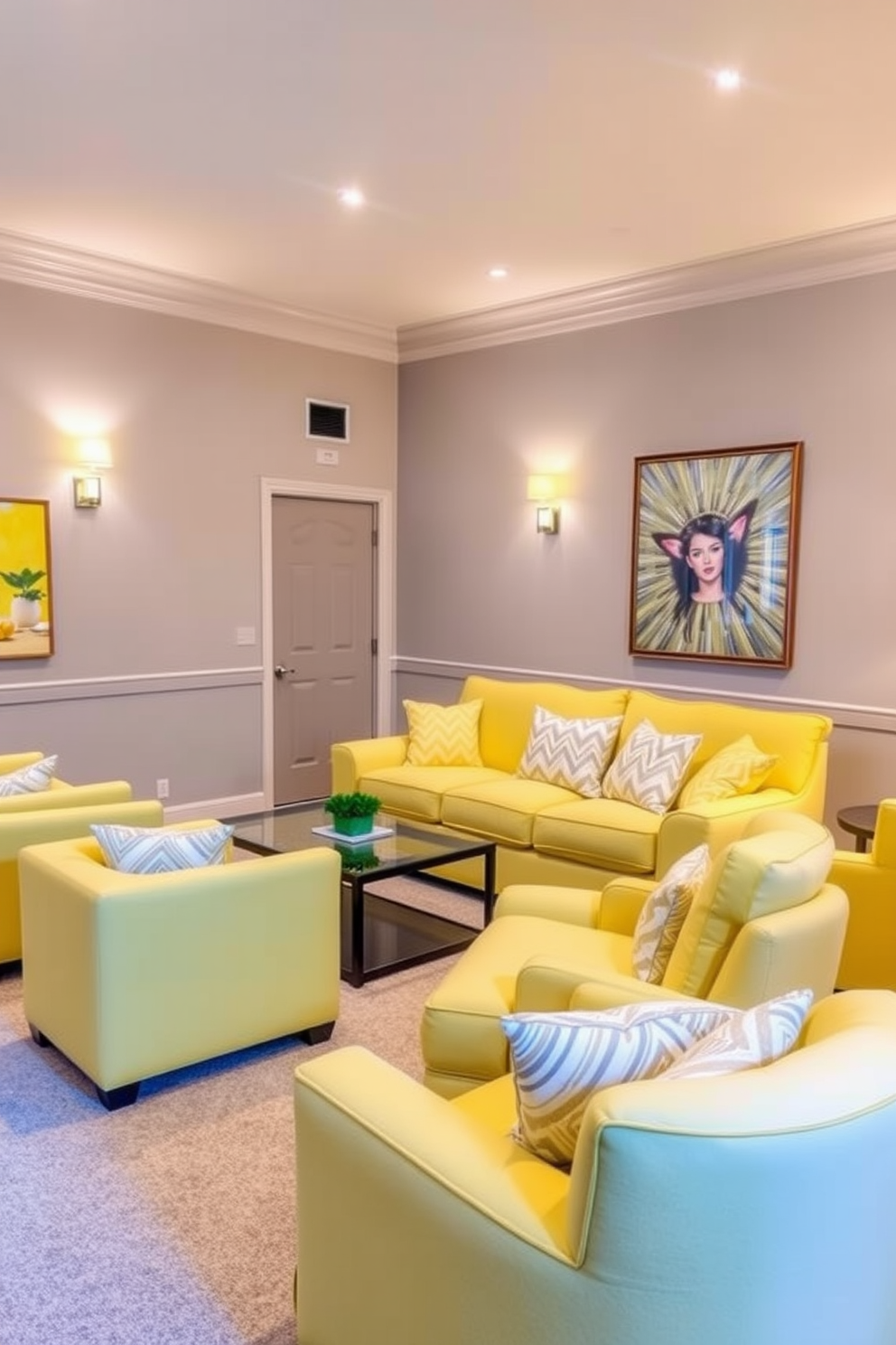 A bright and inviting home theater featuring sunshine yellow accent furniture pieces. The seating area includes a plush yellow sofa paired with coordinating armchairs, creating a cheerful and relaxed atmosphere. The walls are adorned with soft gray tones to balance the vibrant accents. Ambient lighting fixtures and decorative wall art enhance the summer theme, making the space perfect for entertainment.