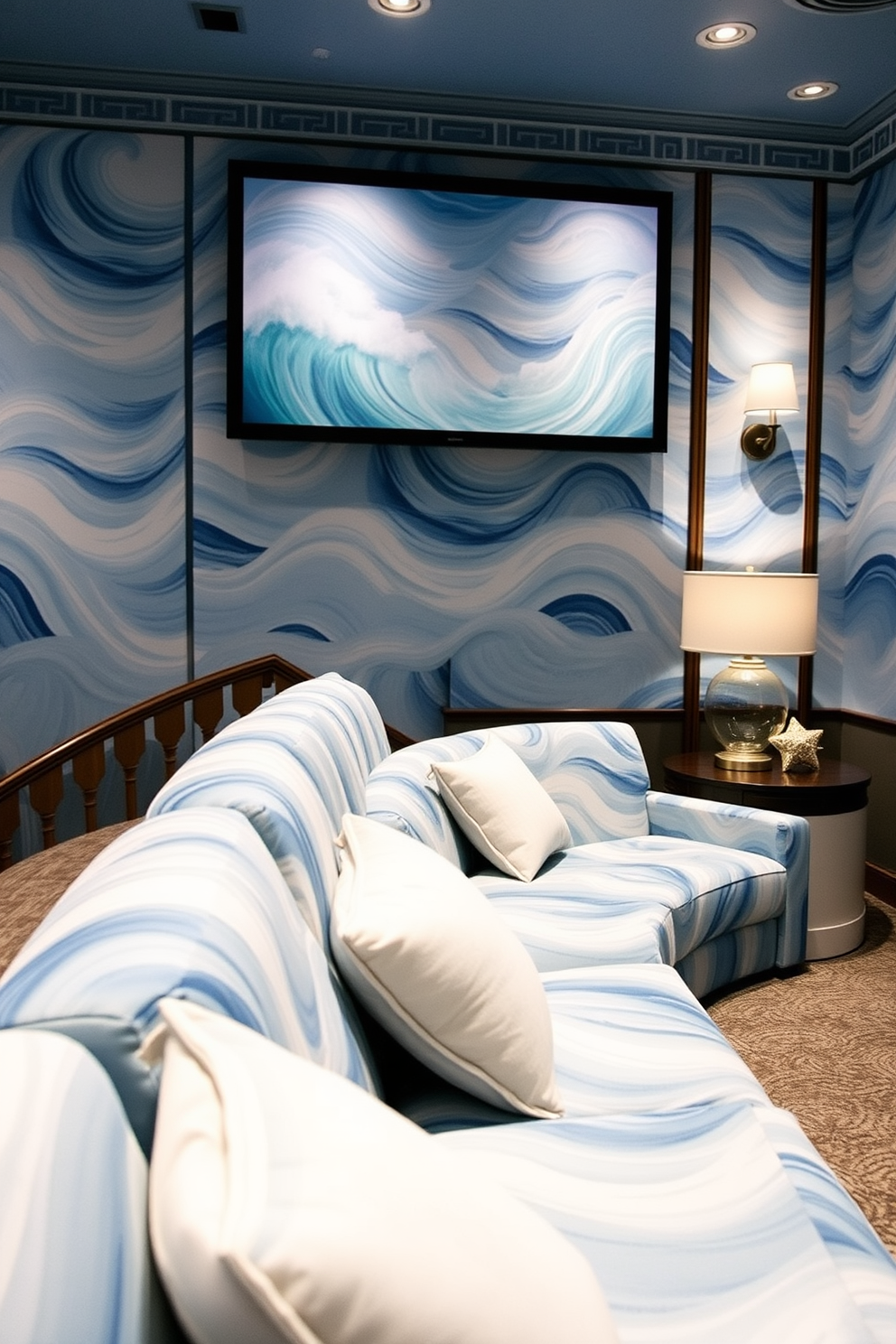 Ocean wave patterns in upholstery create a serene and refreshing atmosphere. Soft blues and whites blend together to mimic the movement of waves, inviting relaxation into the space. Summer home theater decorating ideas focus on bright colors and comfortable seating. Incorporate lightweight fabrics and coastal-themed decor to enhance the airy, laid-back vibe of summer entertainment.