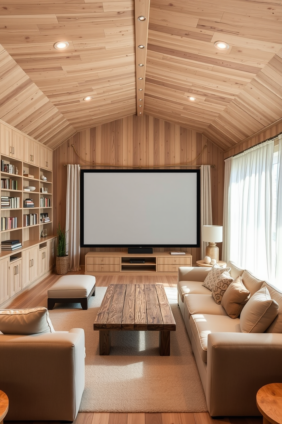 Light wood finishes create a breezy and inviting atmosphere in the summer home theater. The space features a large sectional sofa upholstered in soft, neutral fabrics, paired with a reclaimed wood coffee table at the center. Wall-mounted shelves display an array of books and decorative items, while a large screen is framed by sheer white curtains that allow natural light to filter in. Soft, ambient lighting from recessed fixtures enhances the cozy vibe, making it the perfect spot for relaxation and entertainment.