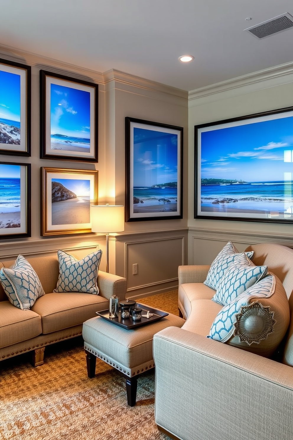 Framed beach photography adorns the walls, creating a serene coastal atmosphere. The artwork features vibrant blues and sandy tones, drawing the eye and evoking a sense of relaxation. The summer home theater is designed for comfort and style, with plush seating arranged for optimal viewing. Soft lighting enhances the ambiance, while subtle nautical decor complements the beach-themed artwork.