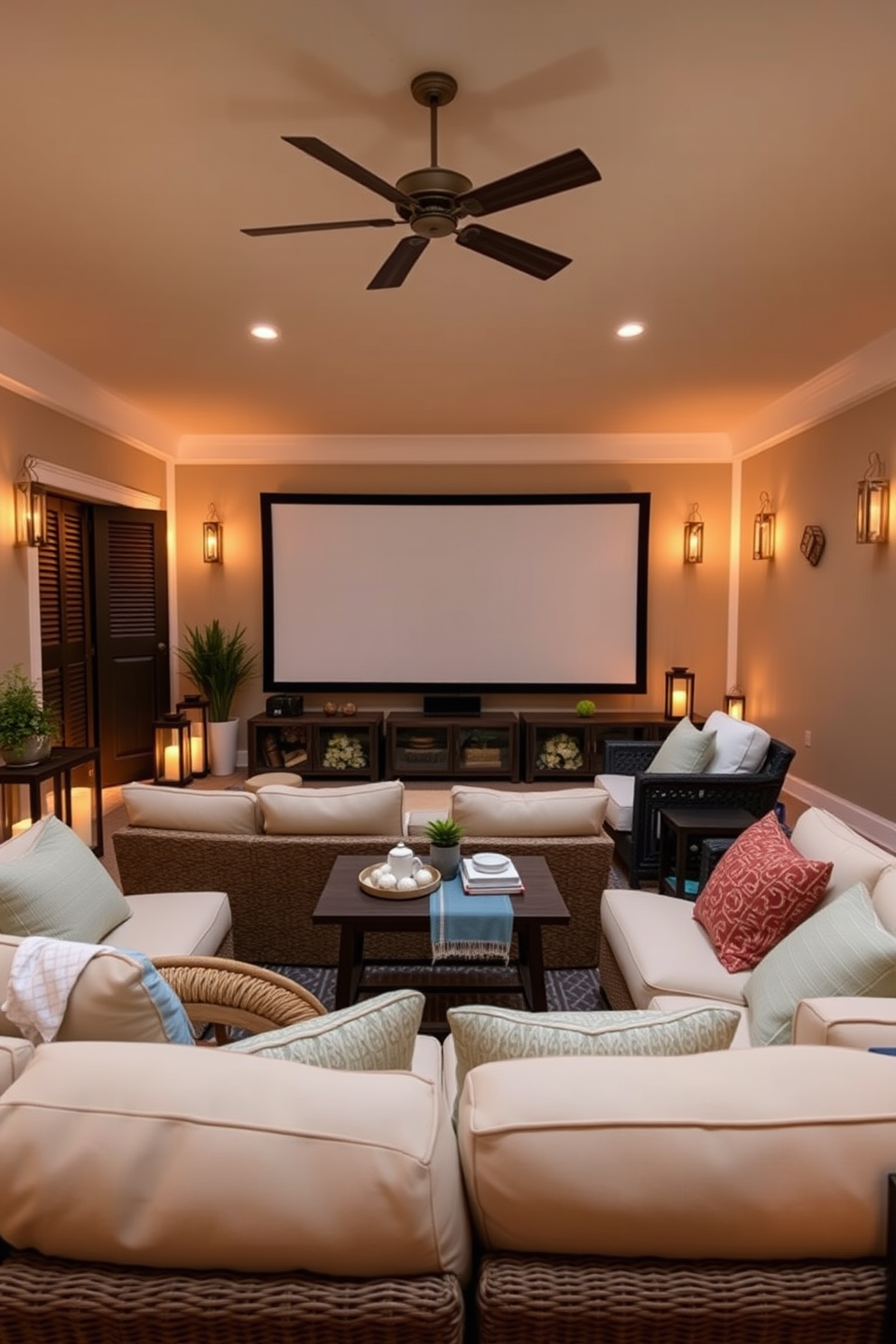 A cozy summer home theater setting features decorative lanterns strategically placed around the room to create a warm and inviting atmosphere. Plush seating options are arranged in a semi-circle facing a large screen, with soft cushions and throws adding comfort for movie nights.