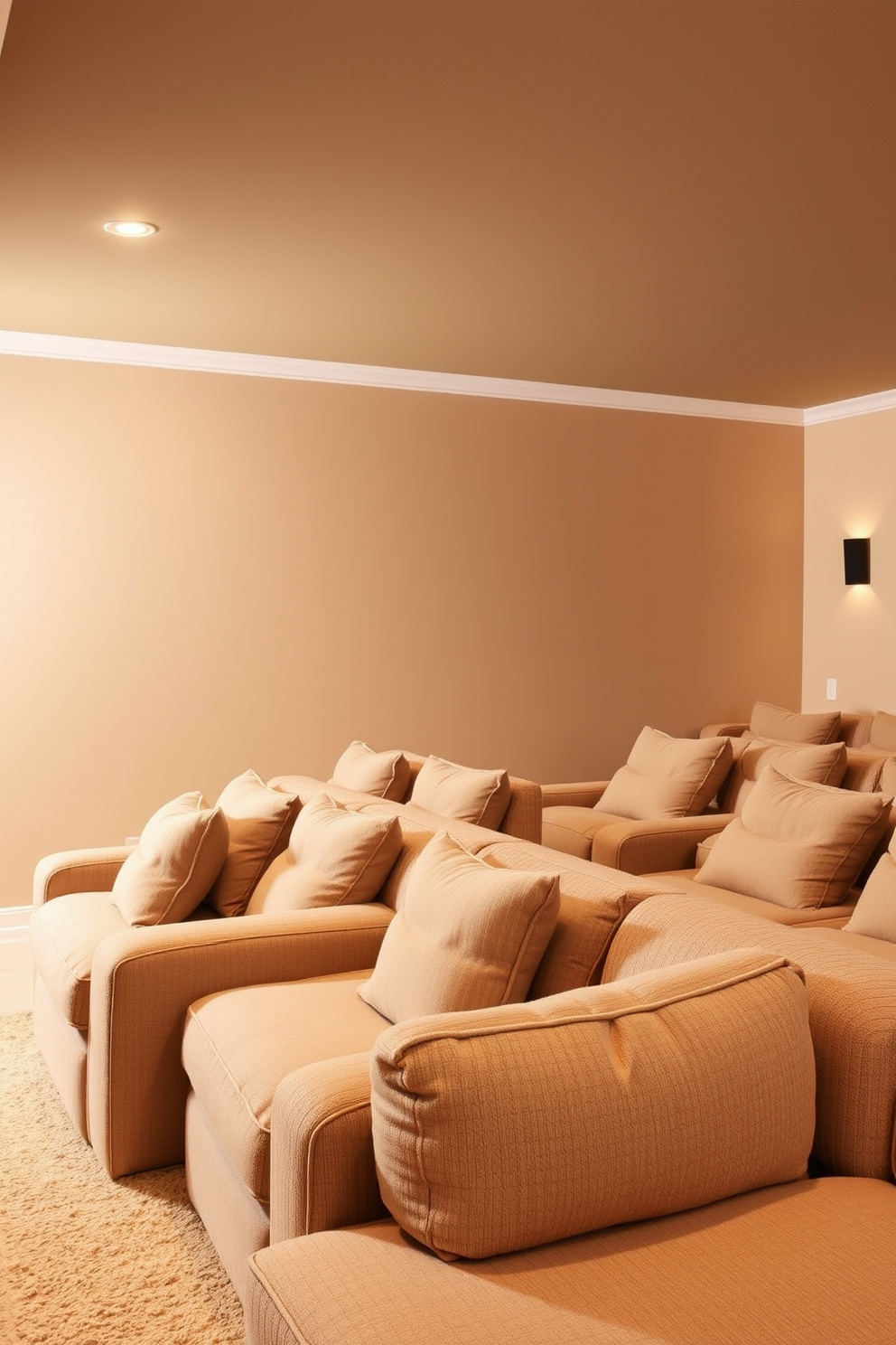 A cozy summer home theater setting. The walls are painted in sandy beige tones, creating a warm and inviting atmosphere. Plush, oversized seating in neutral fabrics is arranged for optimal comfort. Soft ambient lighting highlights the space, enhancing the cinematic experience.