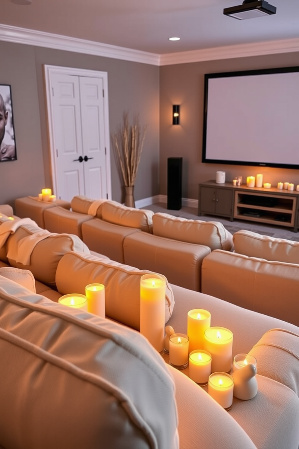 A cozy summer home theater setting filled with beachy scented candles creating a warm and inviting atmosphere. The room features plush seating with light-colored fabric, a large screen mounted on the wall, and soft ambient lighting to enhance the cinematic experience.