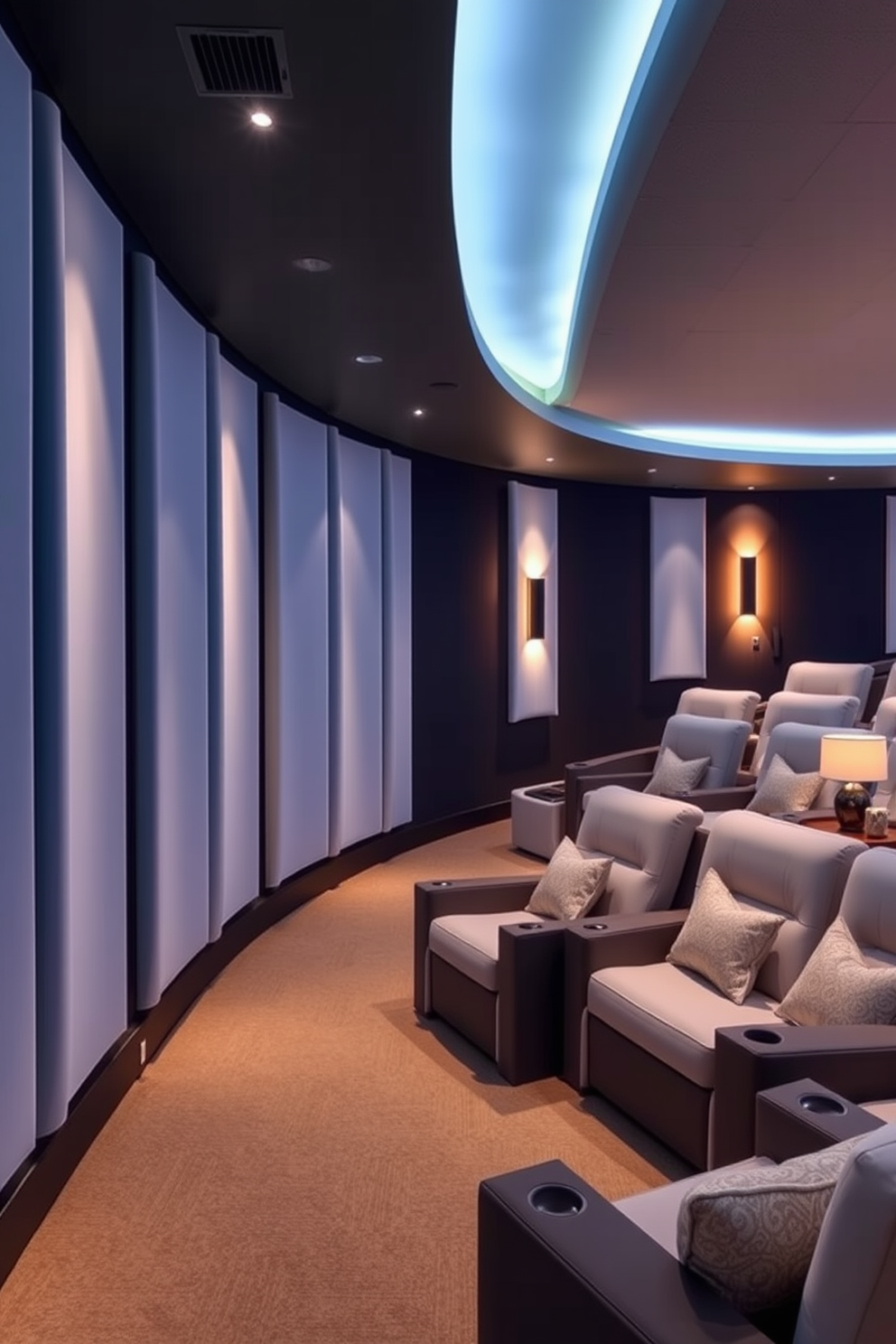 A summer home theater featuring light-colored acoustic panels that enhance sound quality. The room is designed with comfortable seating and soft ambient lighting to create a cozy atmosphere.