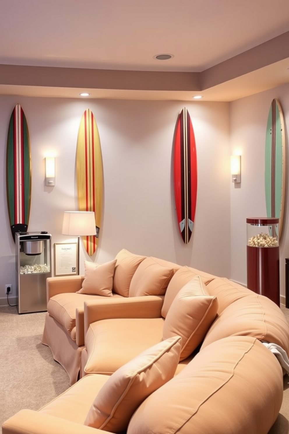 A cozy summer home theater features vintage surfboards mounted on the walls, adding a playful and nostalgic touch to the space. The seating area includes plush, oversized sofas in bright, beachy colors, creating an inviting atmosphere for family movie nights. Soft lighting enhances the relaxed vibe, with stylish floor lamps and recessed lighting illuminating the room without being harsh. A popcorn machine sits in the corner, completing the fun, laid-back summer feel of the home theater.