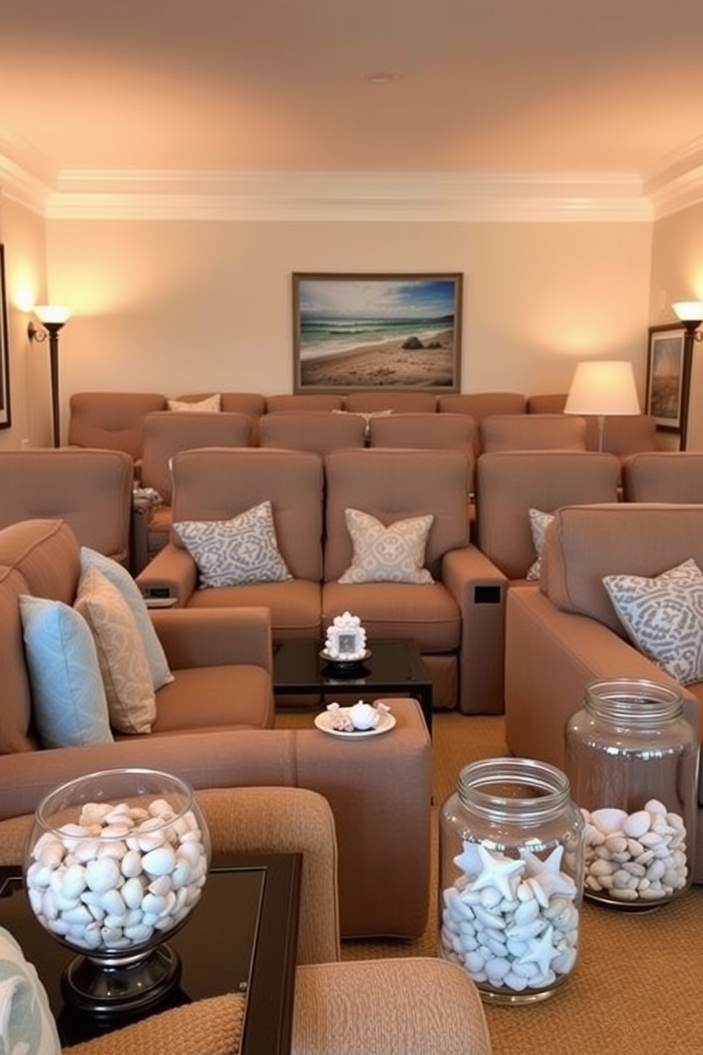 A cozy summer home theater featuring plush seating arranged for optimal viewing. Decorative bowls and jars filled with assorted seashells are placed on side tables, adding a beachy touch to the ambiance. Soft lighting enhances the inviting atmosphere, with floor lamps casting a warm glow. The walls are adorned with ocean-themed artwork, complementing the overall coastal decor.