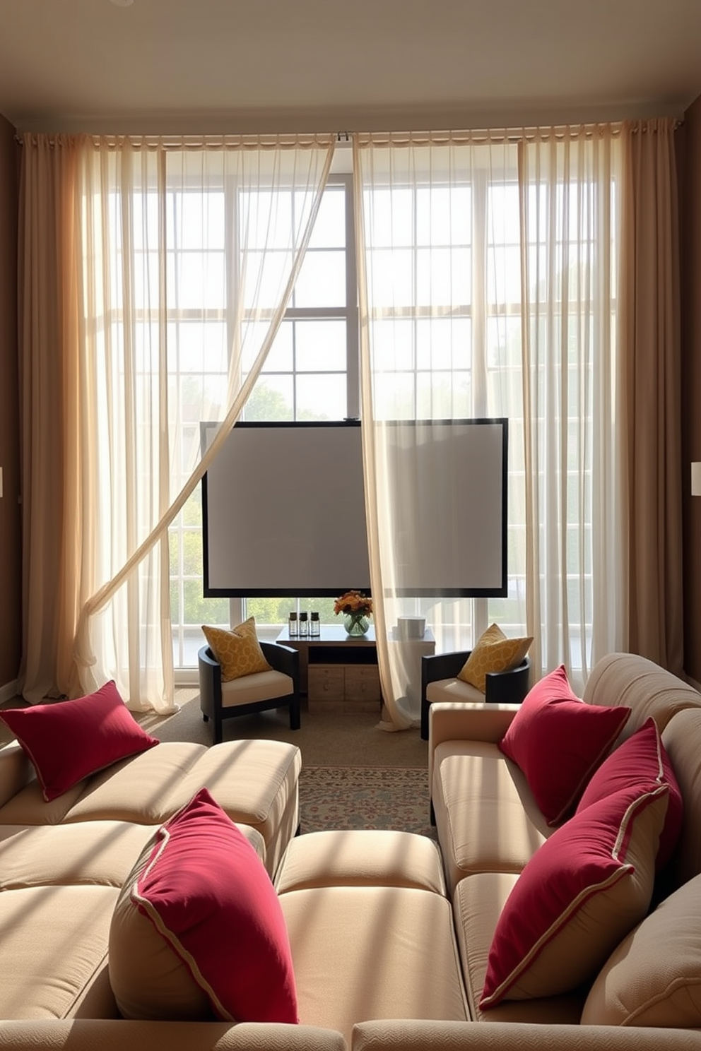 Lightweight sheer curtains drape gracefully across large windows, allowing soft natural light to filter into the room. The curtains create an airy atmosphere, enhancing the overall brightness and warmth of the space. In the summer home theater, plush seating is arranged for optimal comfort, with vibrant throw pillows adding a pop of color. A large screen is framed by stylish decor, while ambient lighting sets the perfect mood for movie nights.