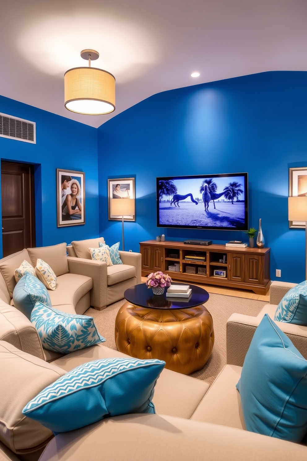 Create a cozy summer home theater featuring bright blue accent walls that bring a refreshing vibe to the space. The seating is arranged in a semi-circle with plush, comfortable sofas and oversized cushions for a relaxed atmosphere. Add a large flat-screen TV mounted on a wooden media console that blends seamlessly with the decor. Soft ambient lighting is incorporated with stylish floor lamps and recessed lighting to enhance the movie-watching experience.