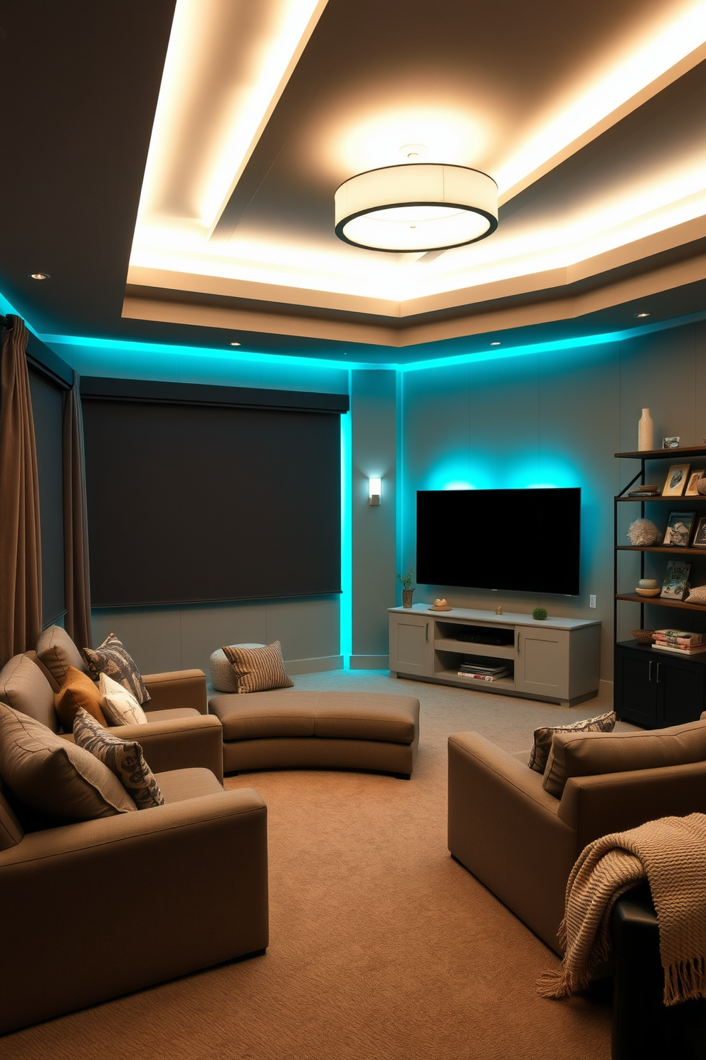 A cozy summer home theater featuring plush seating arranged in a semi-circle. The walls are painted in a soft gray, and the ceiling is adorned with cool-toned lighting fixtures that create a soothing ambiance. Large blackout curtains frame the windows, allowing for complete darkness when needed. A sleek entertainment center houses the latest technology, while decorative shelves display summer-themed decor and cozy blankets.