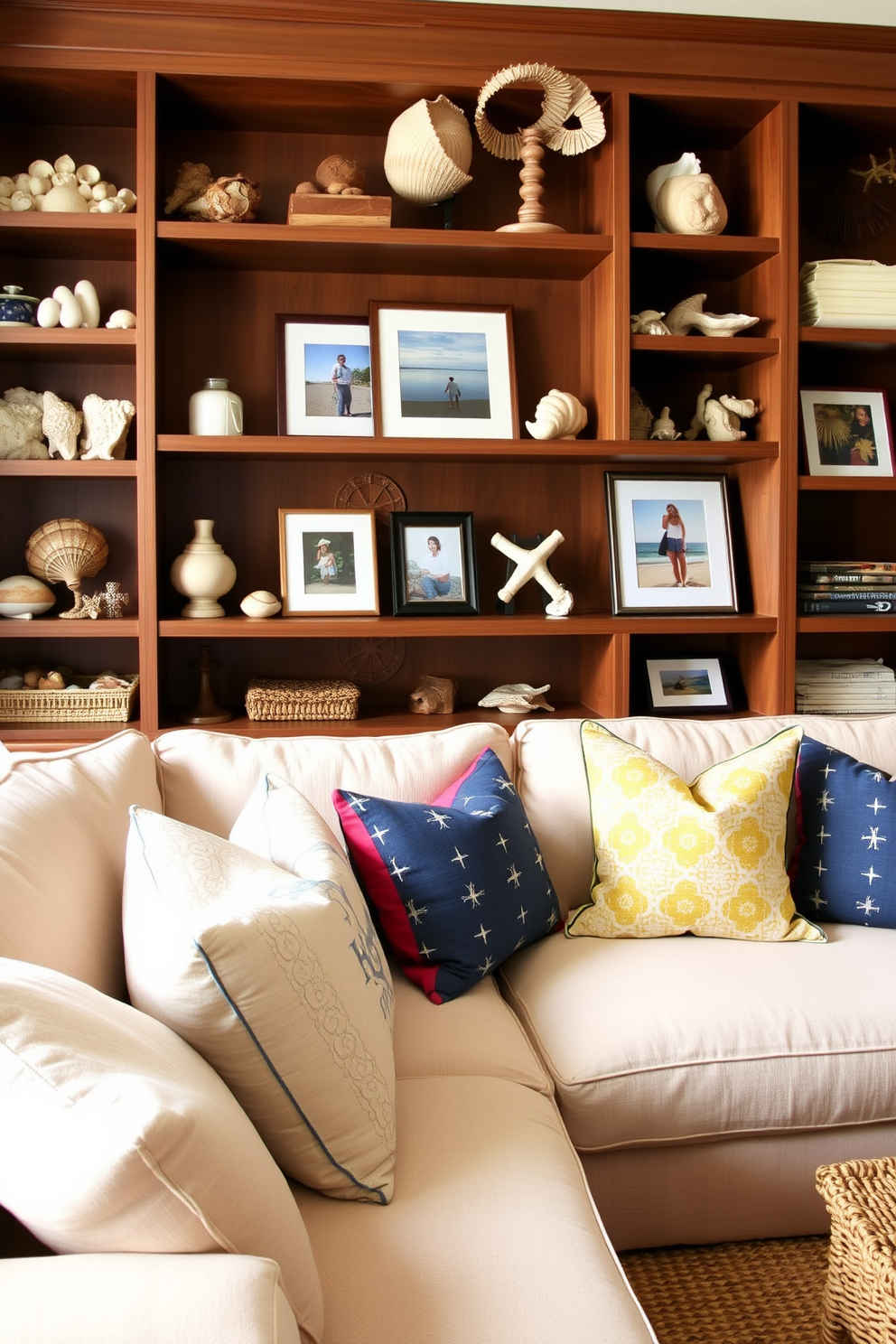 Open shelving for displaying beach finds. The shelves are filled with an assortment of seashells, driftwood, and framed photographs from beach vacations. Summer Home Theater Decorating Ideas. The room features a large sectional sofa in light linen fabric, with colorful throw pillows that evoke a coastal vibe.