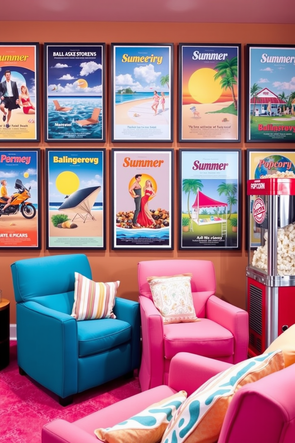 A collection of vibrant summer-themed movie posters adorns the walls of a cozy home theater. The posters feature classic beach scenes and tropical landscapes, creating a cheerful ambiance. The seating area is arranged with comfortable lounge chairs in bright colors, complemented by soft throw pillows. A large popcorn machine stands in the corner, adding a fun and nostalgic touch to the summer home theater experience.