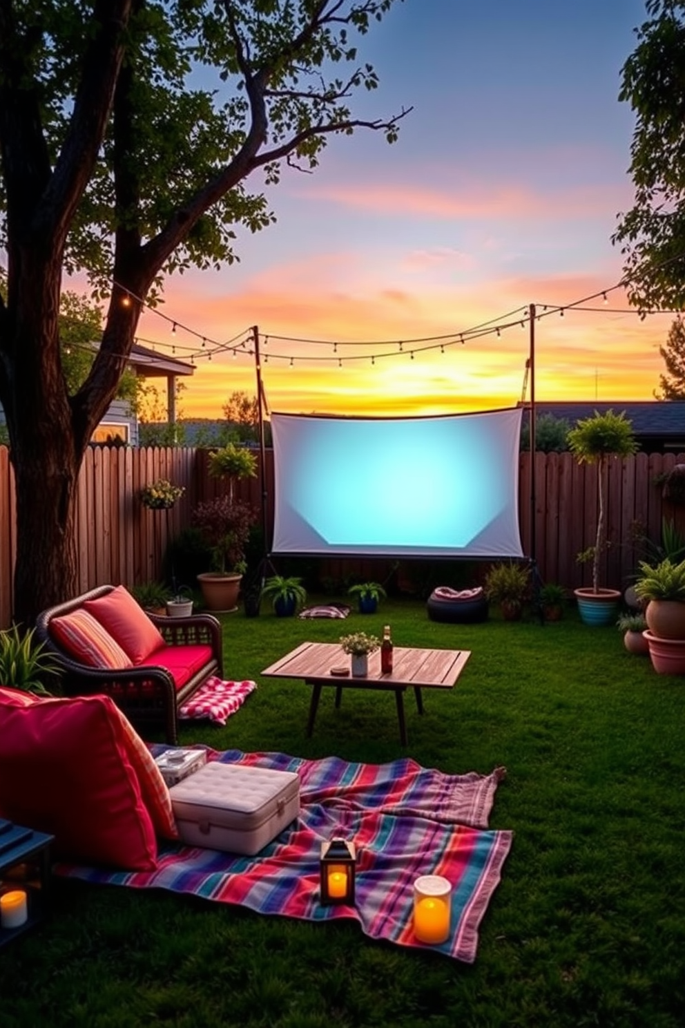 A portable outdoor projector is set up in a cozy backyard, surrounded by comfortable seating and soft string lights that create a warm ambiance. The projector screen is elegantly draped between two trees, with colorful cushions and blankets arranged on the grass for a perfect summer movie night. The area is adorned with potted plants and lanterns, enhancing the inviting atmosphere of the outdoor home theater. A small table holds refreshments, while the backdrop features a stunning sunset, adding to the enchanting experience.