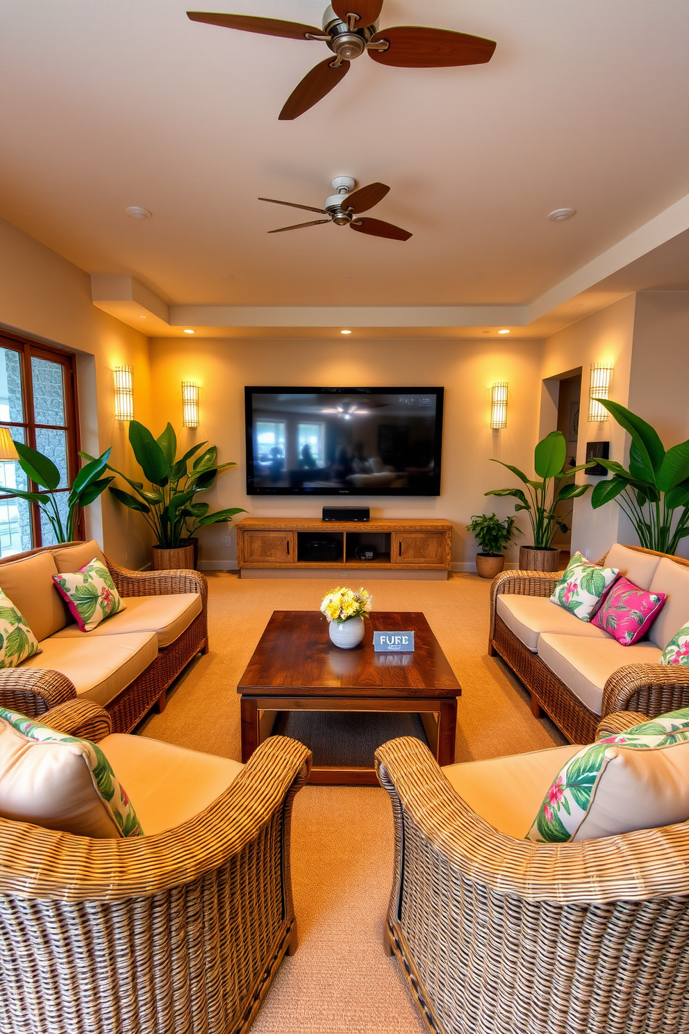 A cozy summer home theater features plush rattan furniture arranged in a semi-circle for optimal viewing. The space is adorned with vibrant tropical prints and soft lighting that creates a relaxed atmosphere. The walls are painted in a warm sandy beige, complemented by lush green plants placed strategically around the room. A large screen is mounted on the wall, and a stylish wooden coffee table sits at the center, inviting casual gatherings.